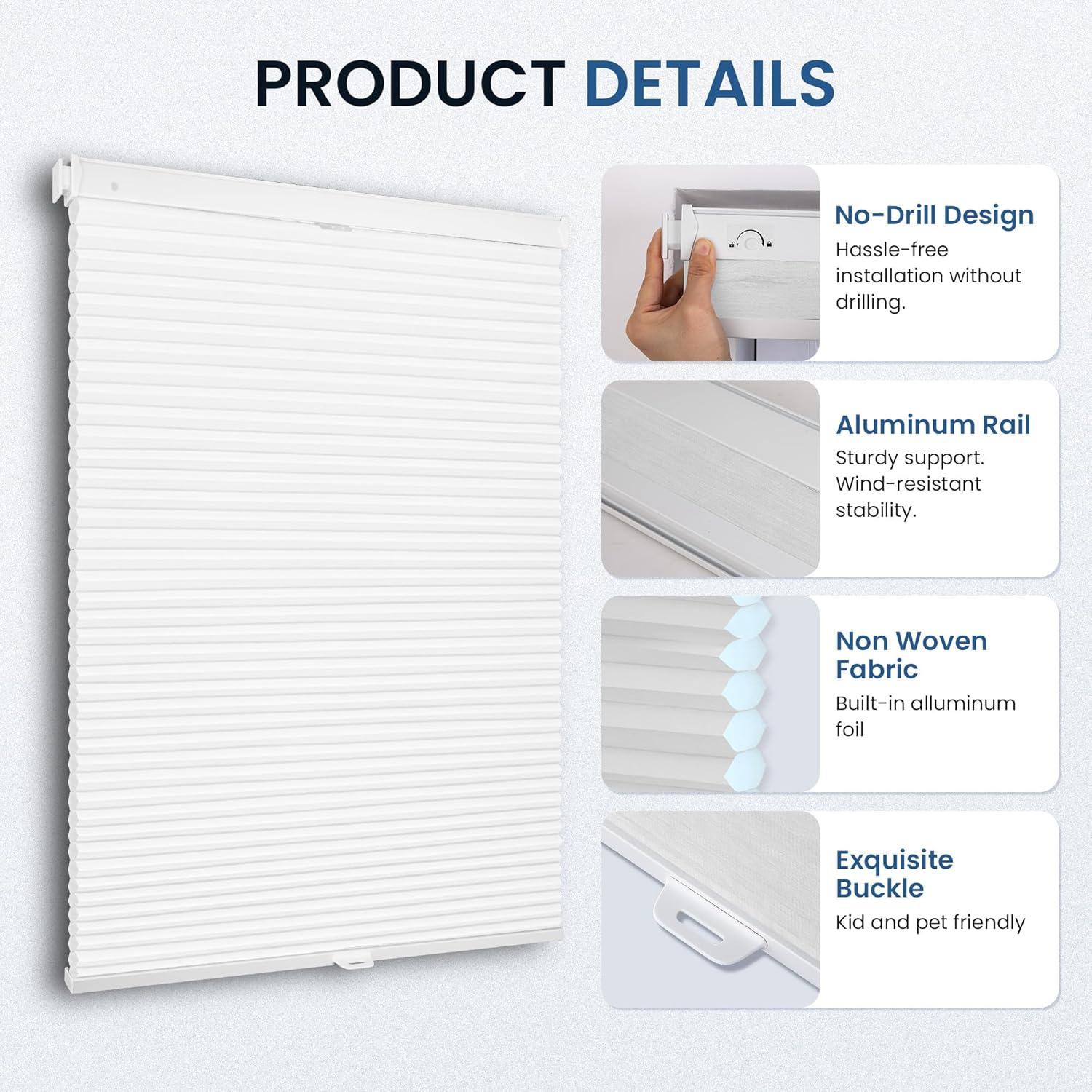 Grandekor No Drill No Tools Cordless Cellular Shades,Light Filtering,Honeycomb Blinds for Indoor Windows,UV Protection Privacy No Drill Blinds for Home,Door,Customer Customization