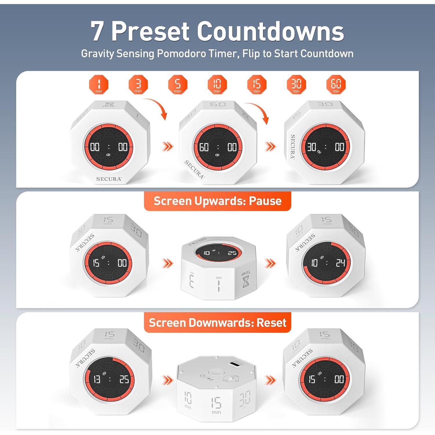 Temporizador Pomodoro Secura Blanco, 7 Preajustes, Visual