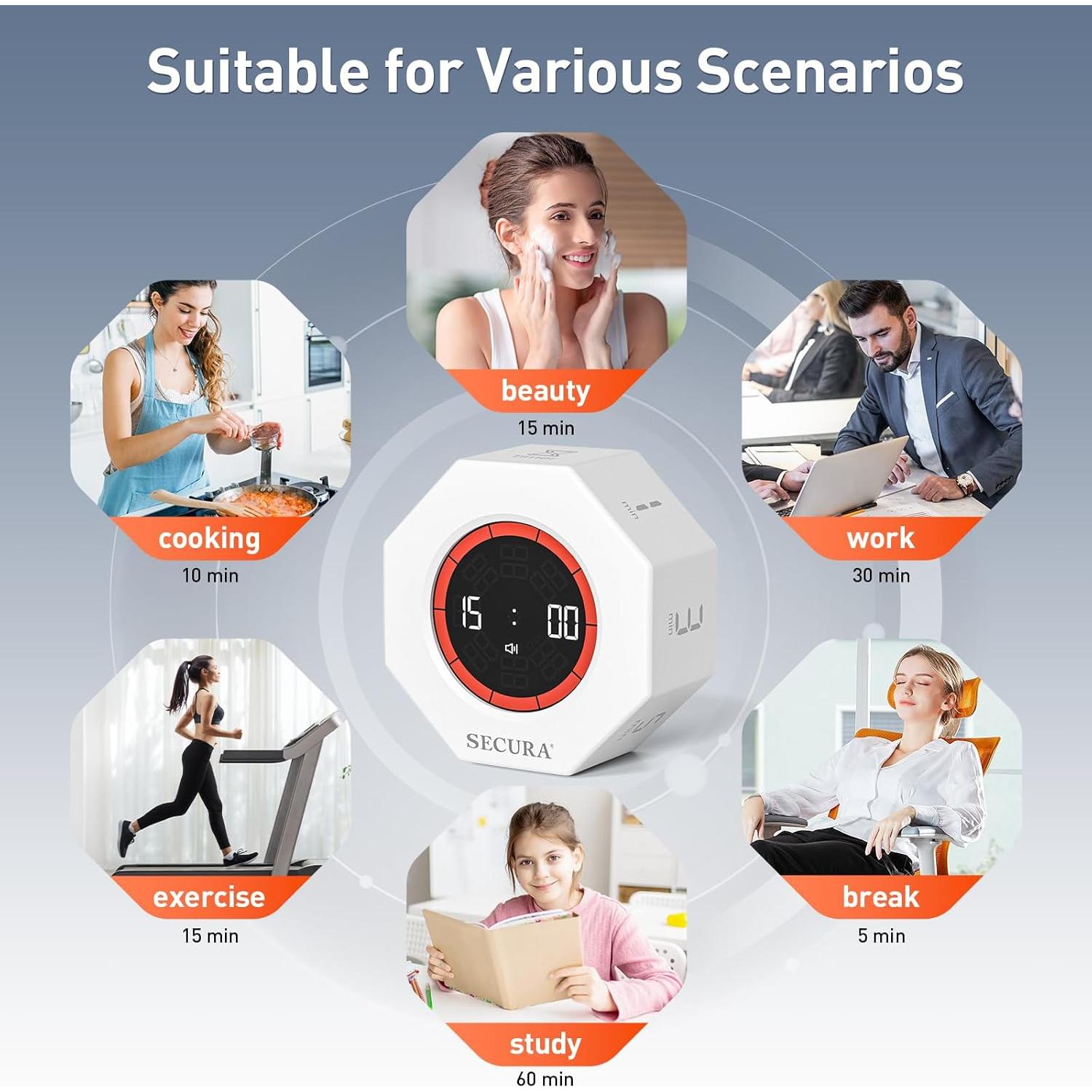 Temporizador Pomodoro Secura Blanco, 7 Preajustes, Visual
