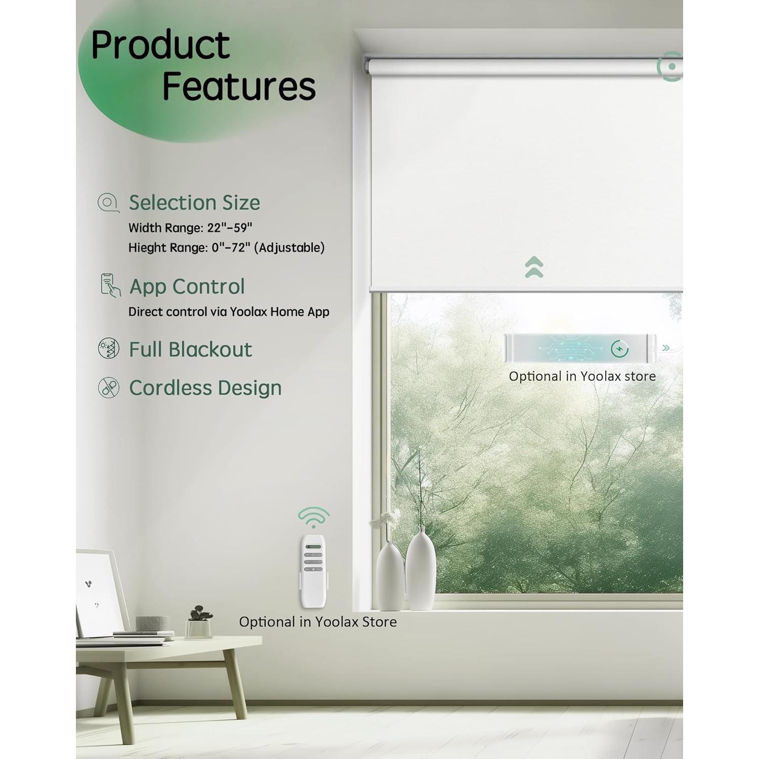 Persianas Roller Motorizadas Yoolax 86.36x182.88cm Opacas Blancas