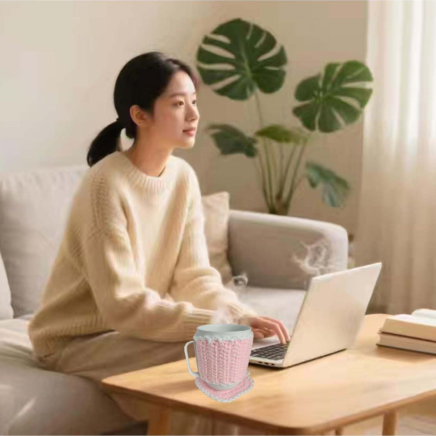 Manta de Crochet Rosa Wuryuema para Taza Ember 295 ml y Posavasos