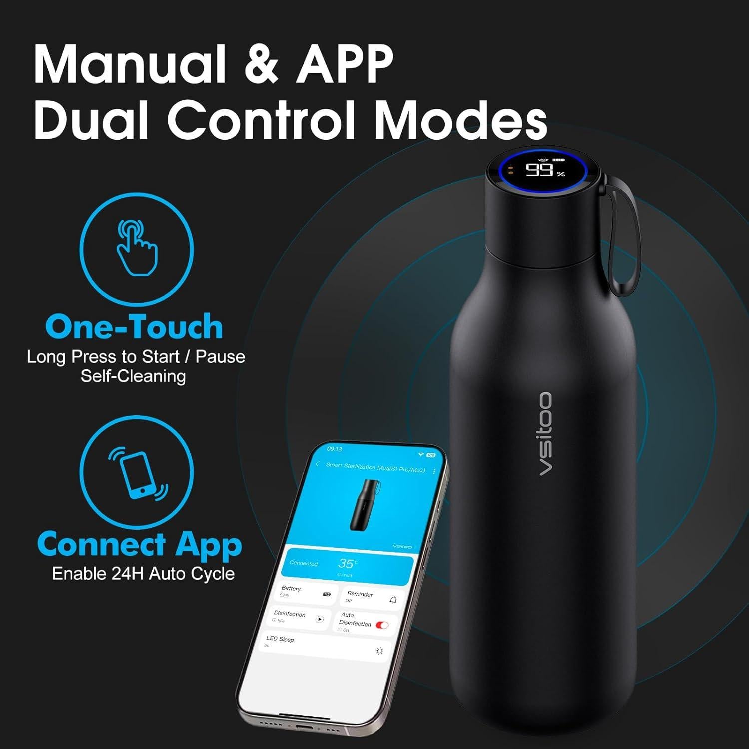 Botella de Agua Inteligente VSITOO 0.95L Autolimpiante Negra