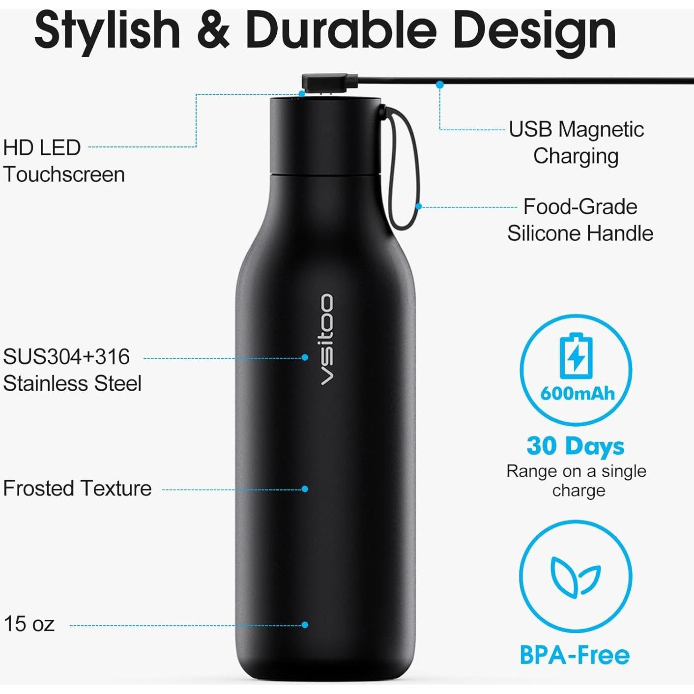 Botella de Agua Inteligente VSITOO 0.95L Autolimpiante Negra