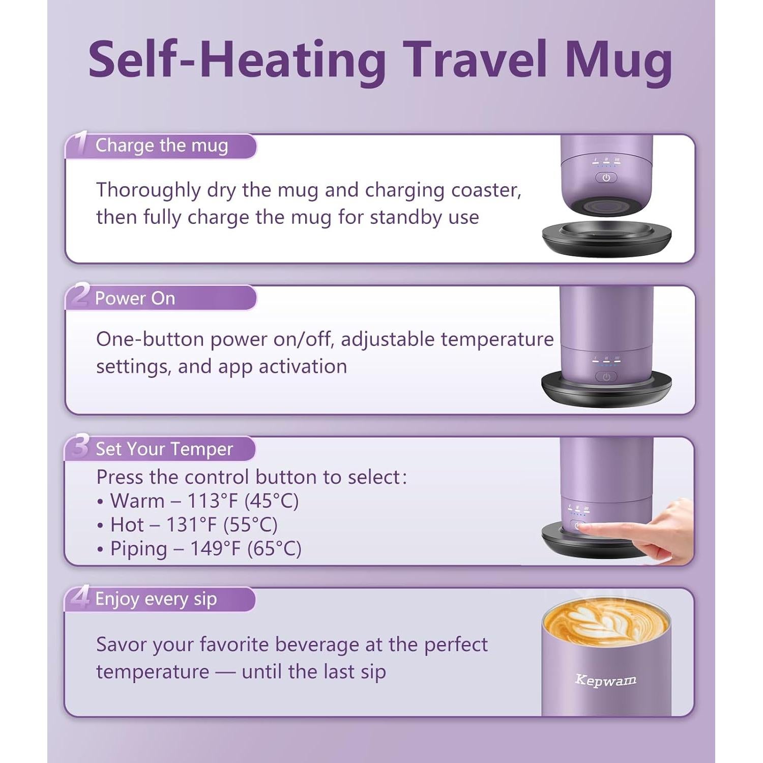 Taza de Viaje Autocalentable Kepwam 20oz Control Temperatura