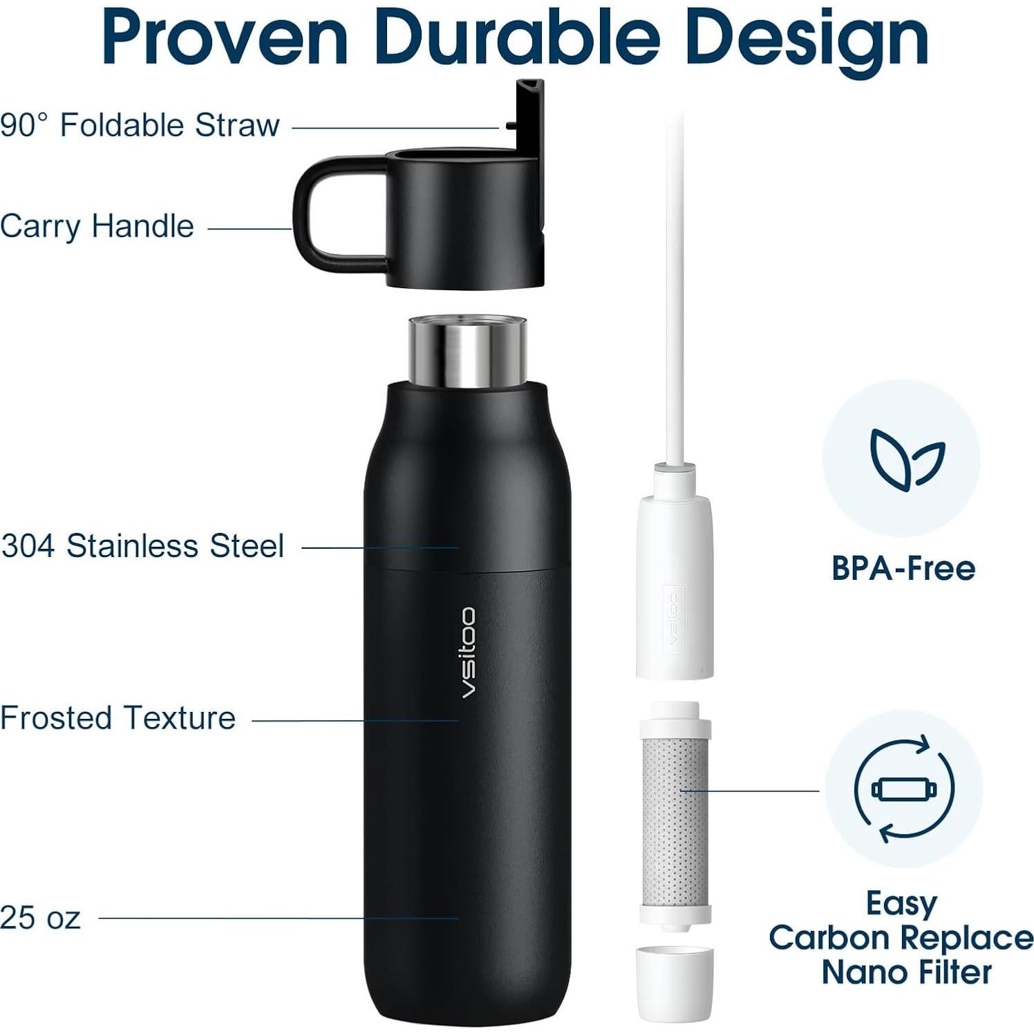 Botella Purificadora de Agua Vsitoo 25 oz Acero Inoxidable