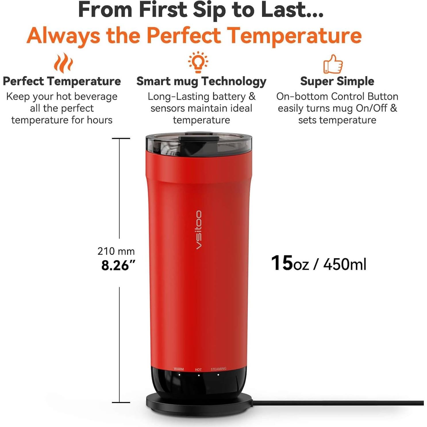 Taza de Viaje Inteligente VSITOO S5 Autocalentable 480 ml Rojo