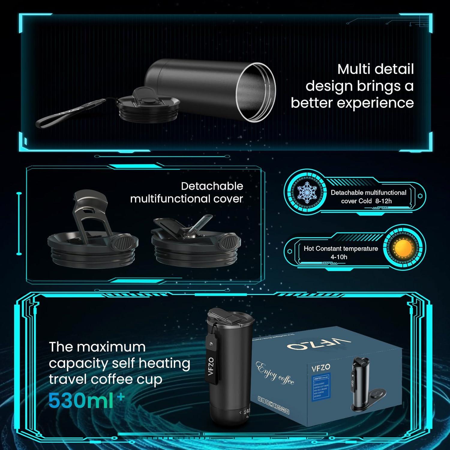 Taza de viaje calefaccionada VFZO 20 oz control app LED Negro