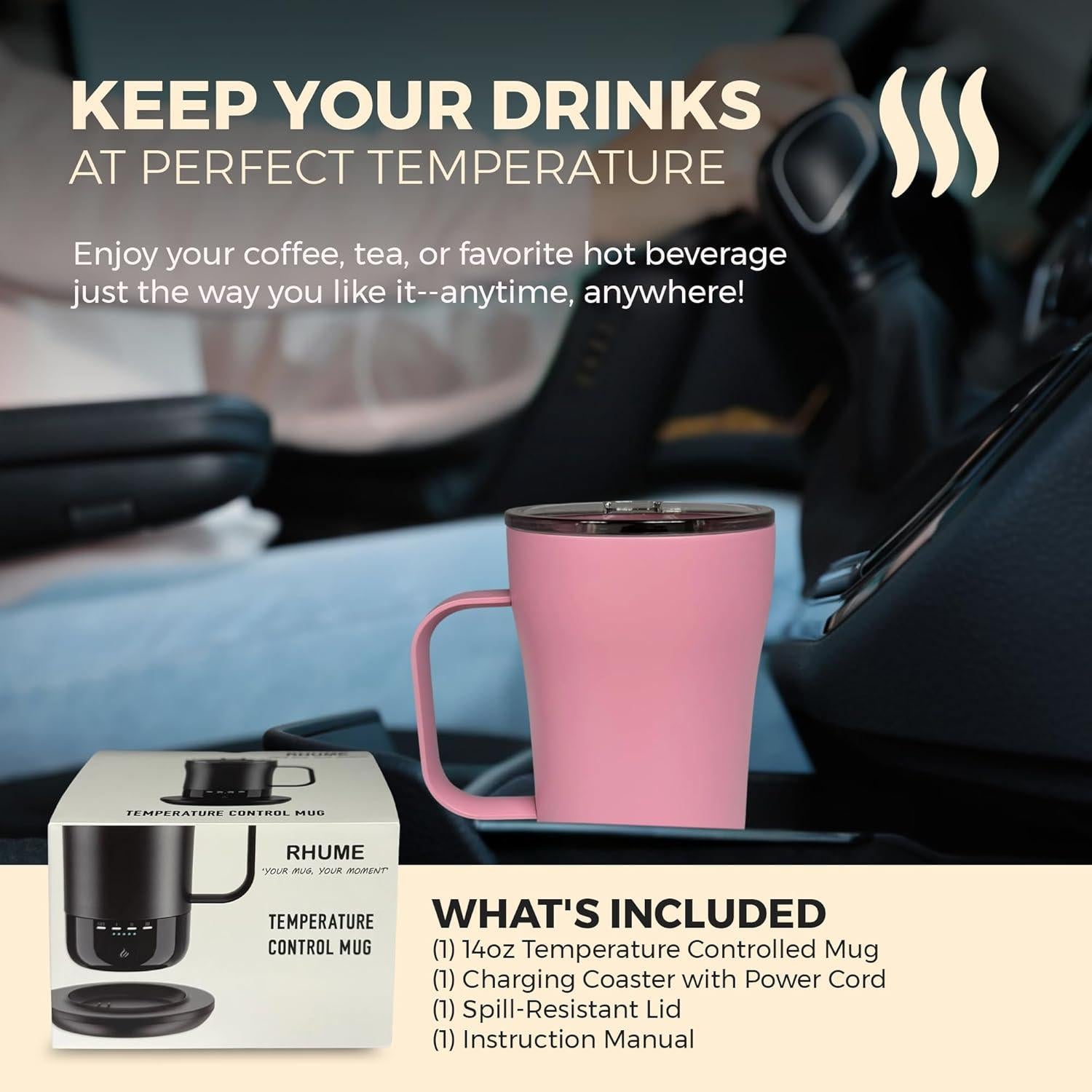 Taza autocalentable Rhume F2 396 ml control temperatura rosa