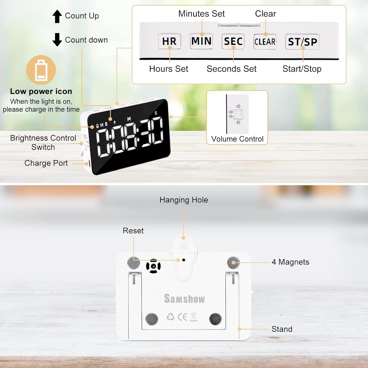 Temporizador de cocina digital recargable Samshow LED 5"