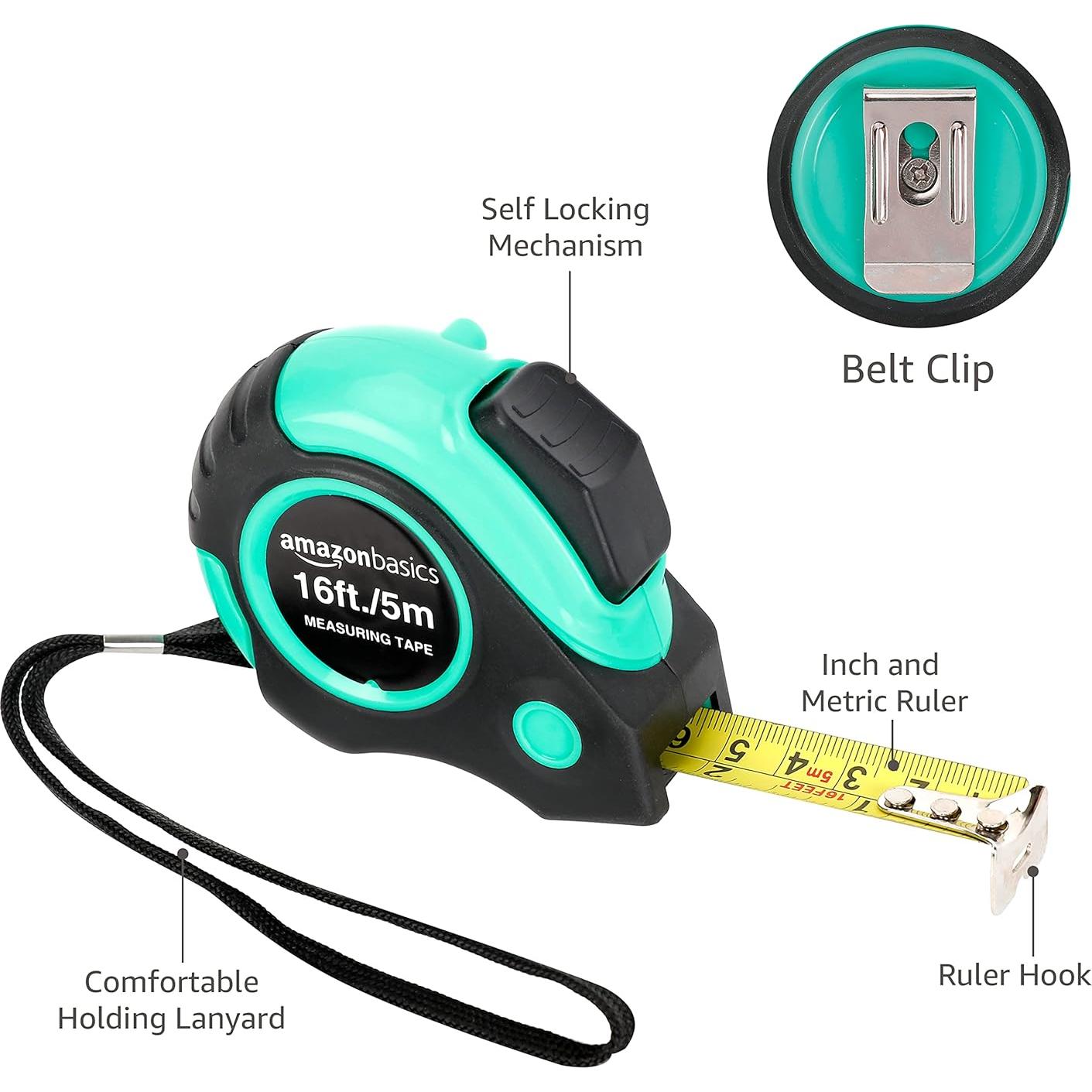 Cinta Métrica Amazon Basics 4.9 m Turquesa Retráctil