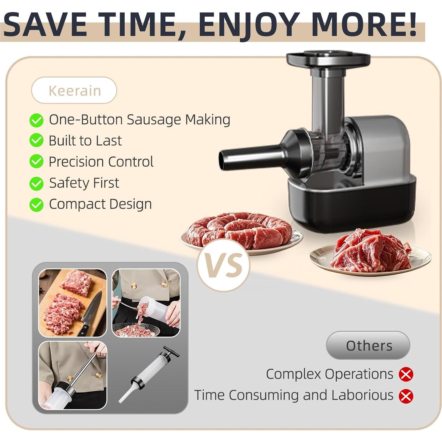 Máquina Embutidora Eléctrica Keerain 1.89kg con 3 Tubos