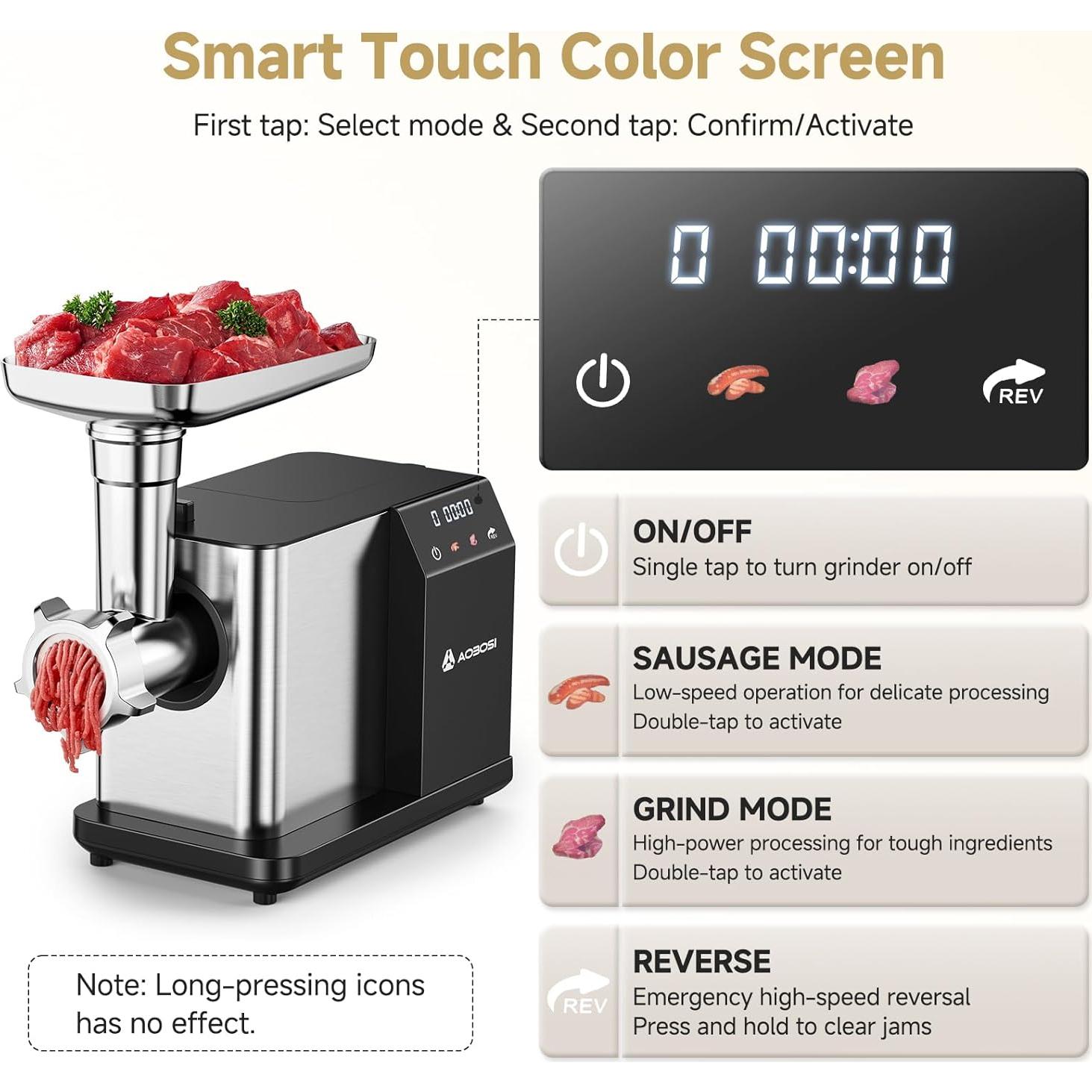 Molino de Carne Eléctrico AAOBOSI 3000W con Pantalla Táctil