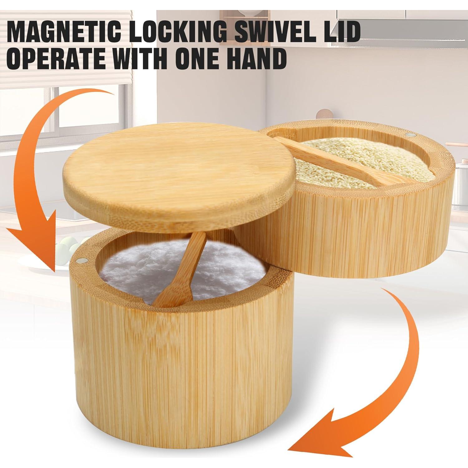 Salero de Bambú Dvehdbay con Tapa Giratoria y Cuchara 283g