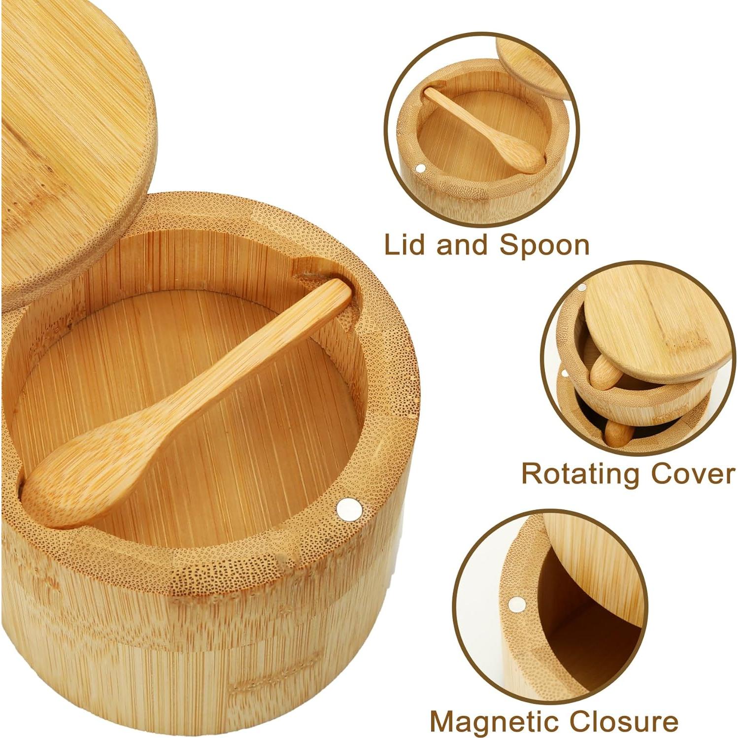 Salero de Bambú Dvehdbay con Tapa Giratoria y Cuchara 283g