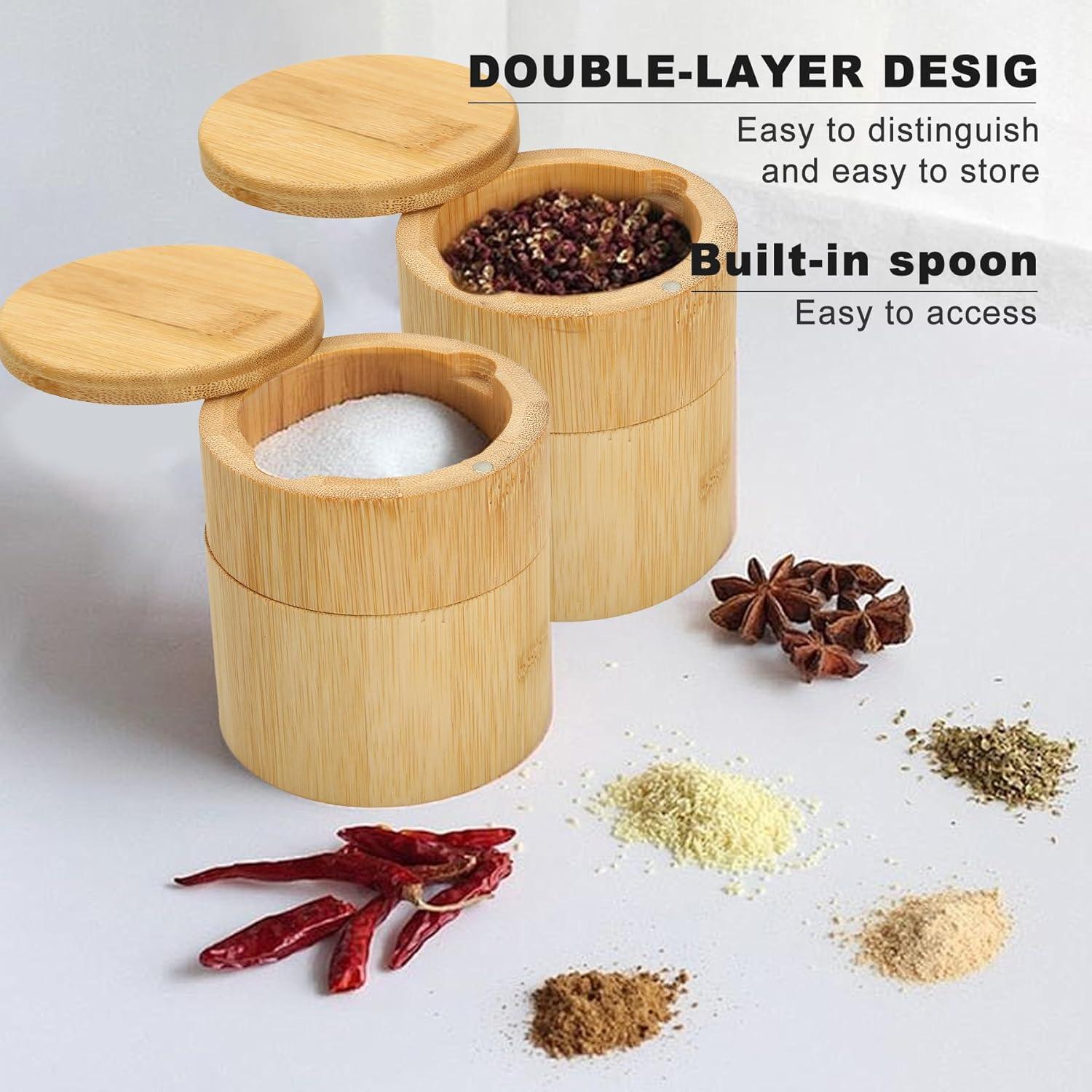 Salero de Bambú Dvehdbay con Tapa Giratoria y Cuchara 283g