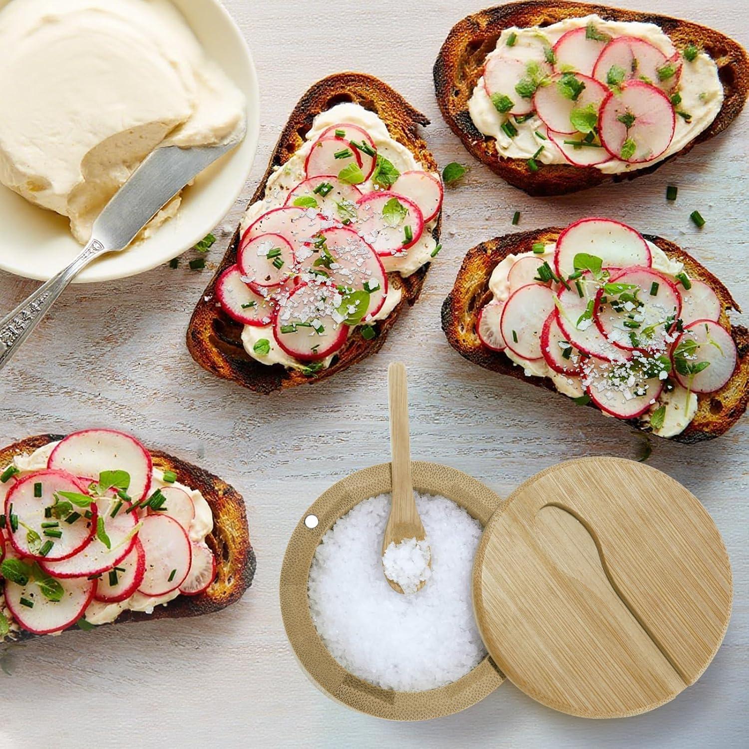 Contenedor de Sal de Bambú Dukrouk Compatible con Maldon con Cuchara