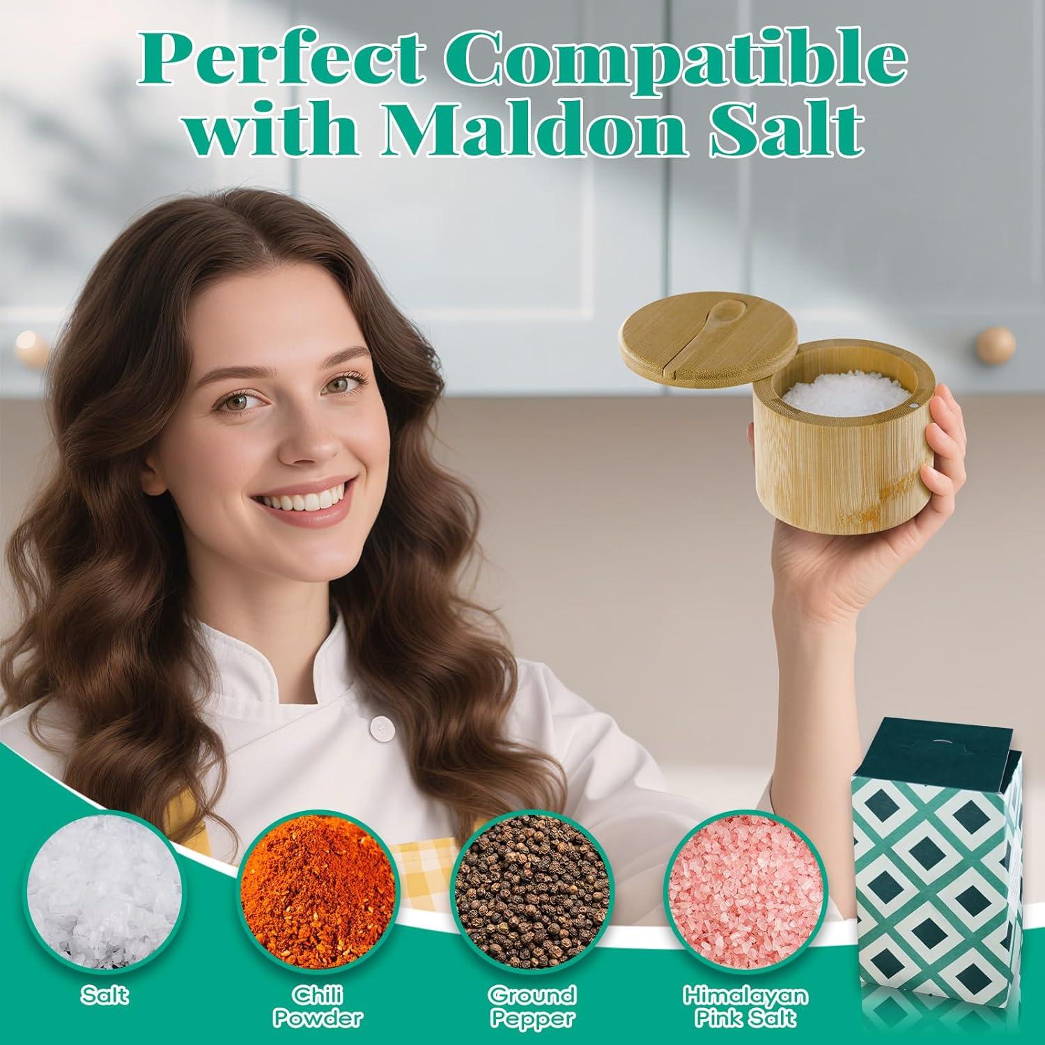 Contenedor de Sal de Bambú Dukrouk Compatible con Maldon con Cuchara