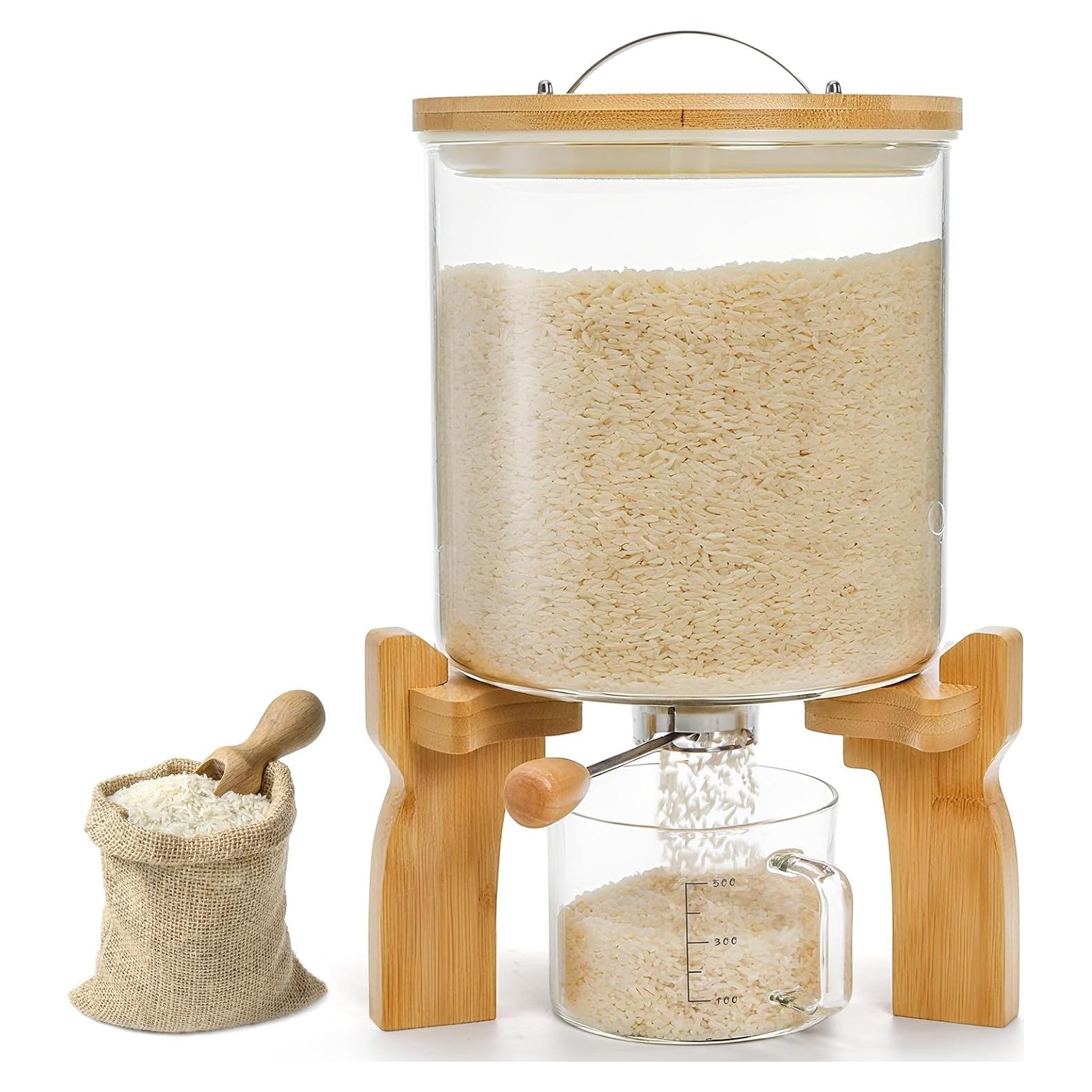 Dispensador de arroz de vidrio Goaste 5L con soporte de bambú