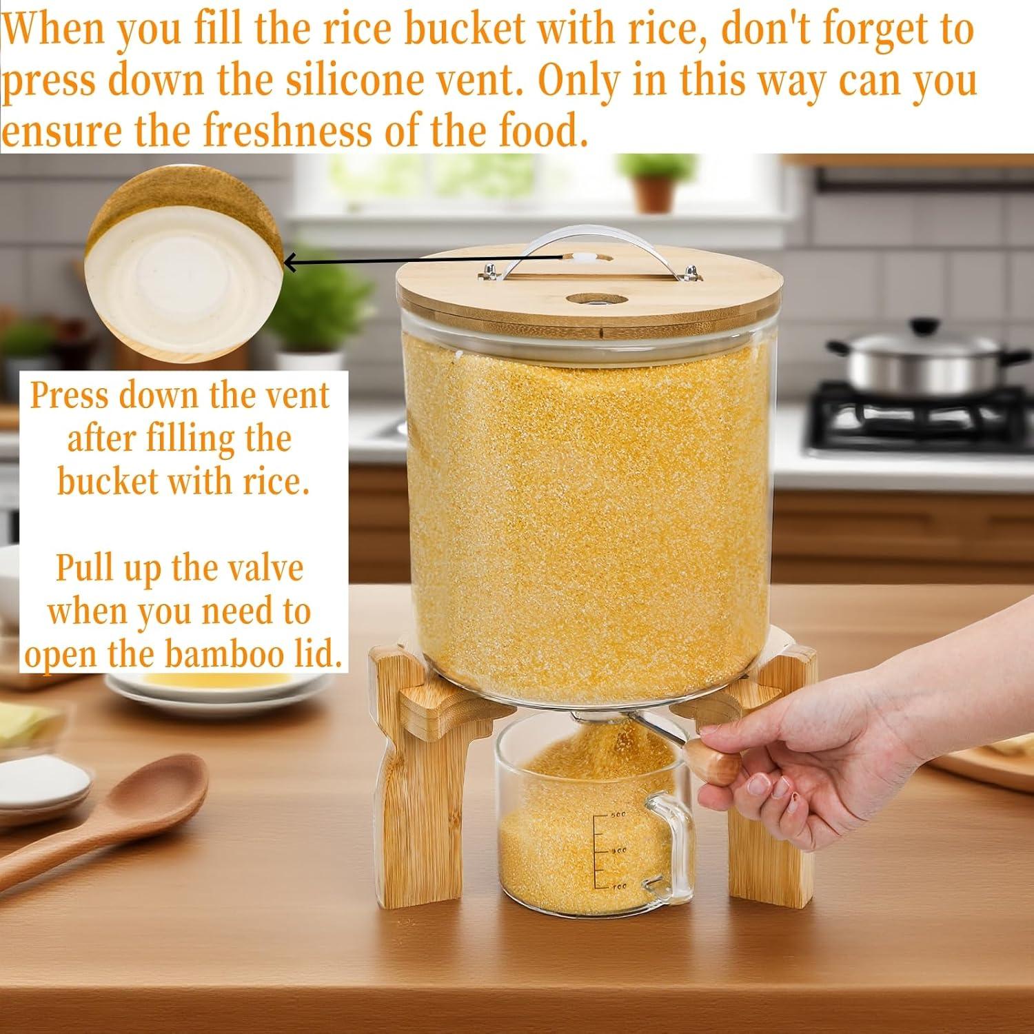 Dispensador de arroz de vidrio Goaste 5L con soporte de bambú