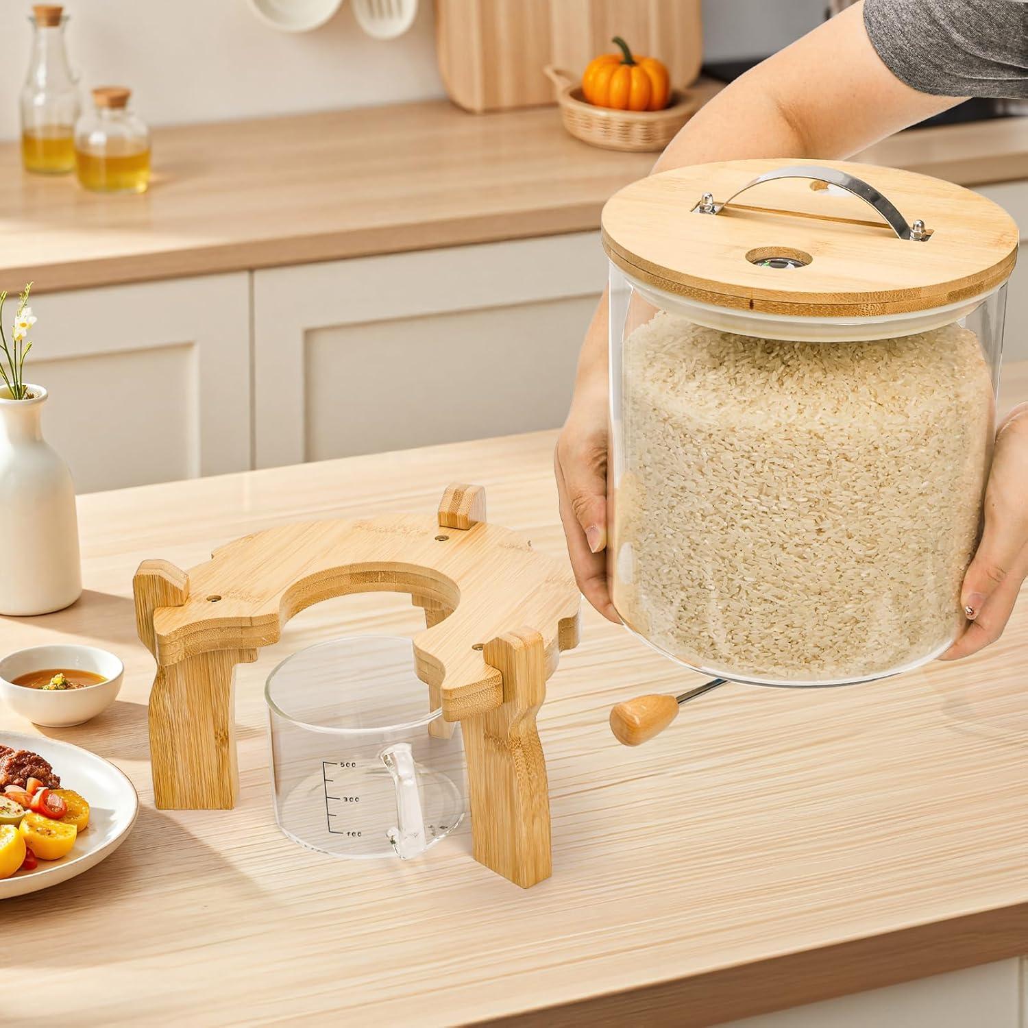 Dispensador de arroz de vidrio Goaste 5L con soporte de bambú