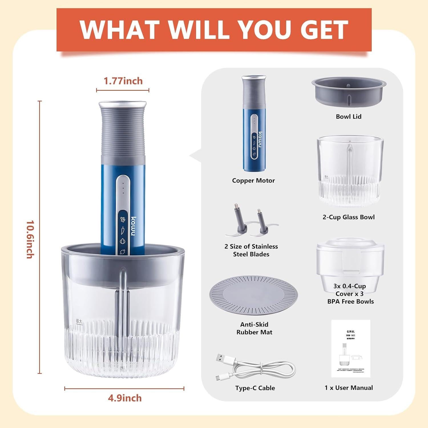 Procesador de Alimentos Portátil Kawu 500ml, Picadora Eléctrica USB