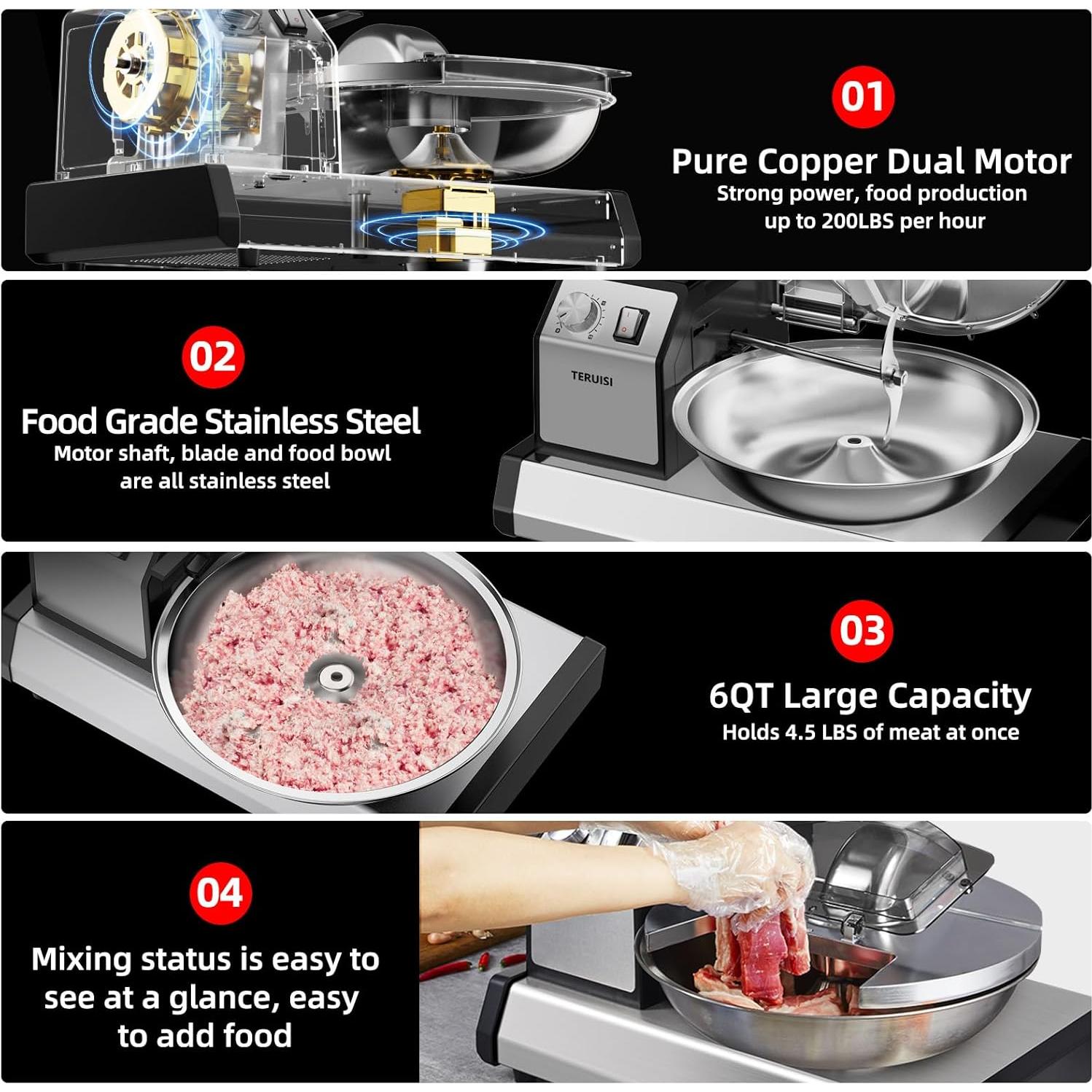 Procesador de Alimentos Eléctrico TERUISI GJ805 250W 6QT Acero Inoxidable