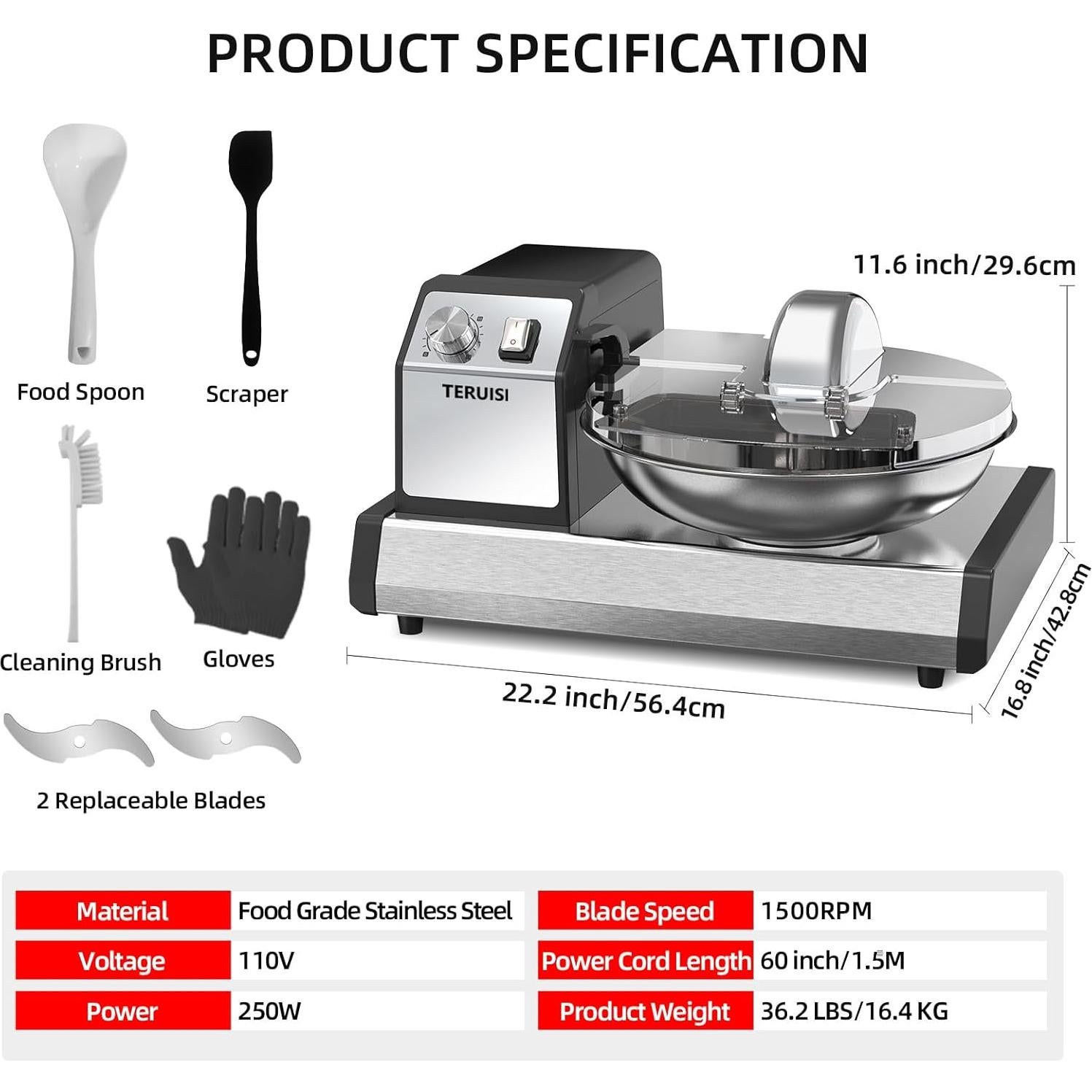 Procesador de Alimentos Eléctrico TERUISI GJ805 250W 6QT Acero Inoxidable
