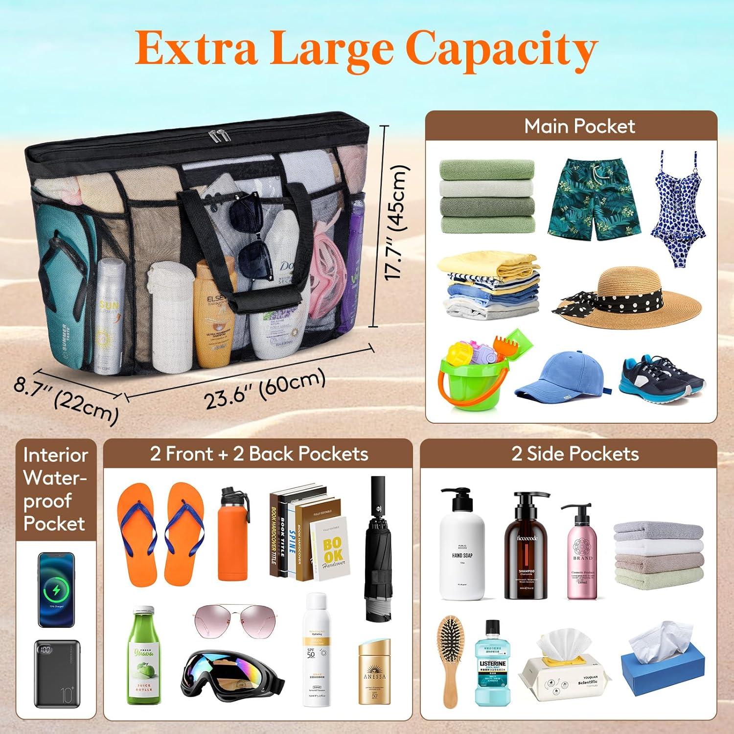 Bolsa de Playa de Malla Lifewit Extra Grande Negra 60x22x45cm