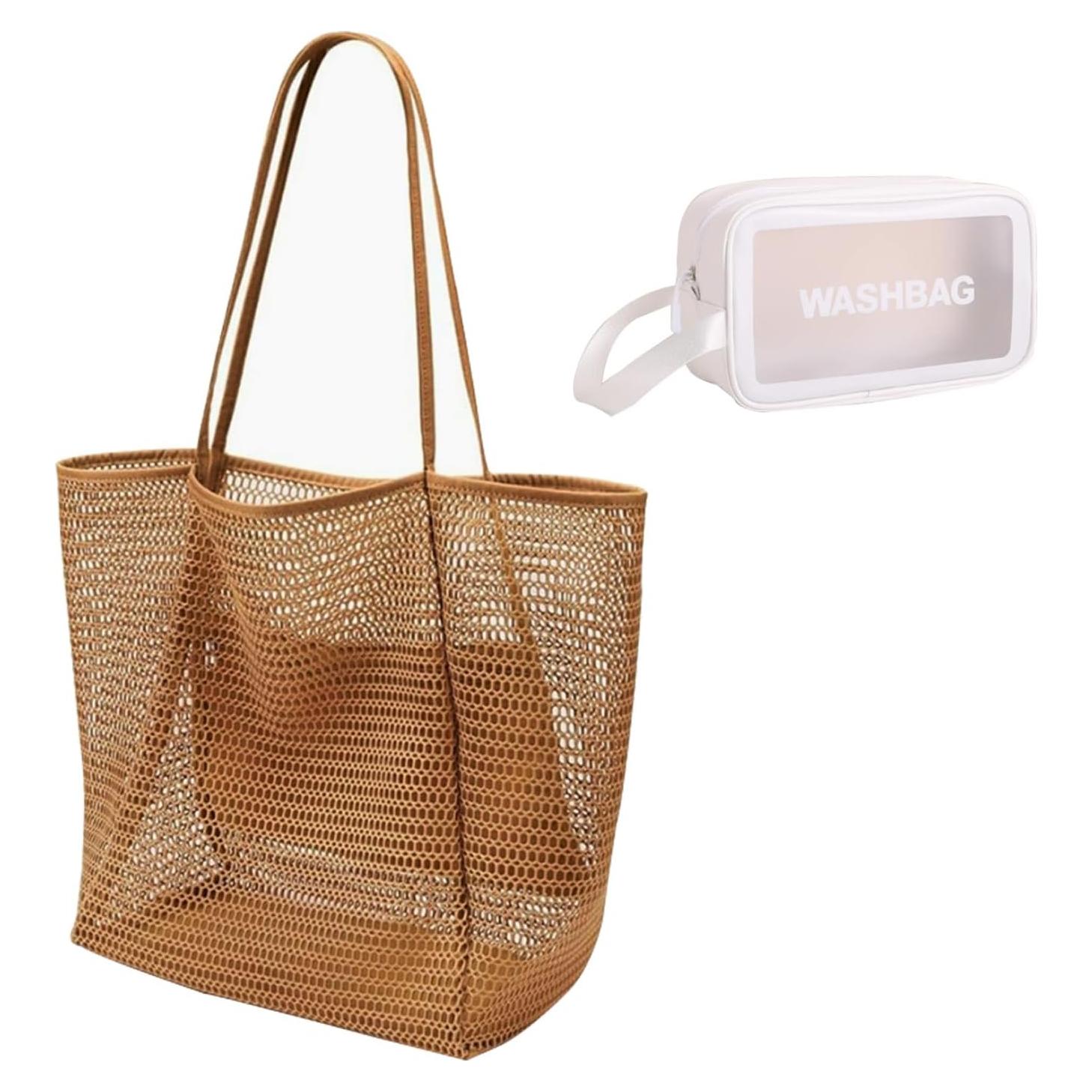 Bolsa de Playa de Malla Tejida HYHP con Bolsa Cosmética Transparente