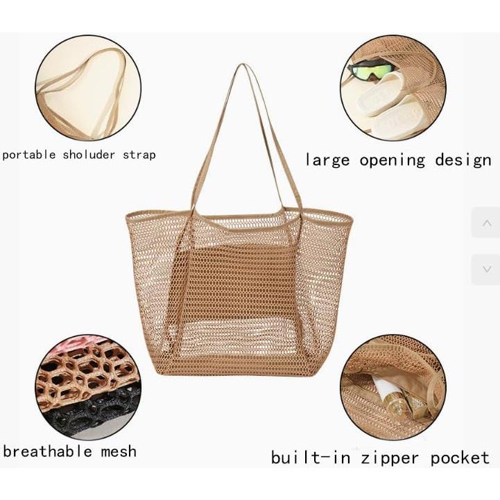 Bolsa de Playa de Malla Tejida HYHP con Bolsa Cosmética Transparente