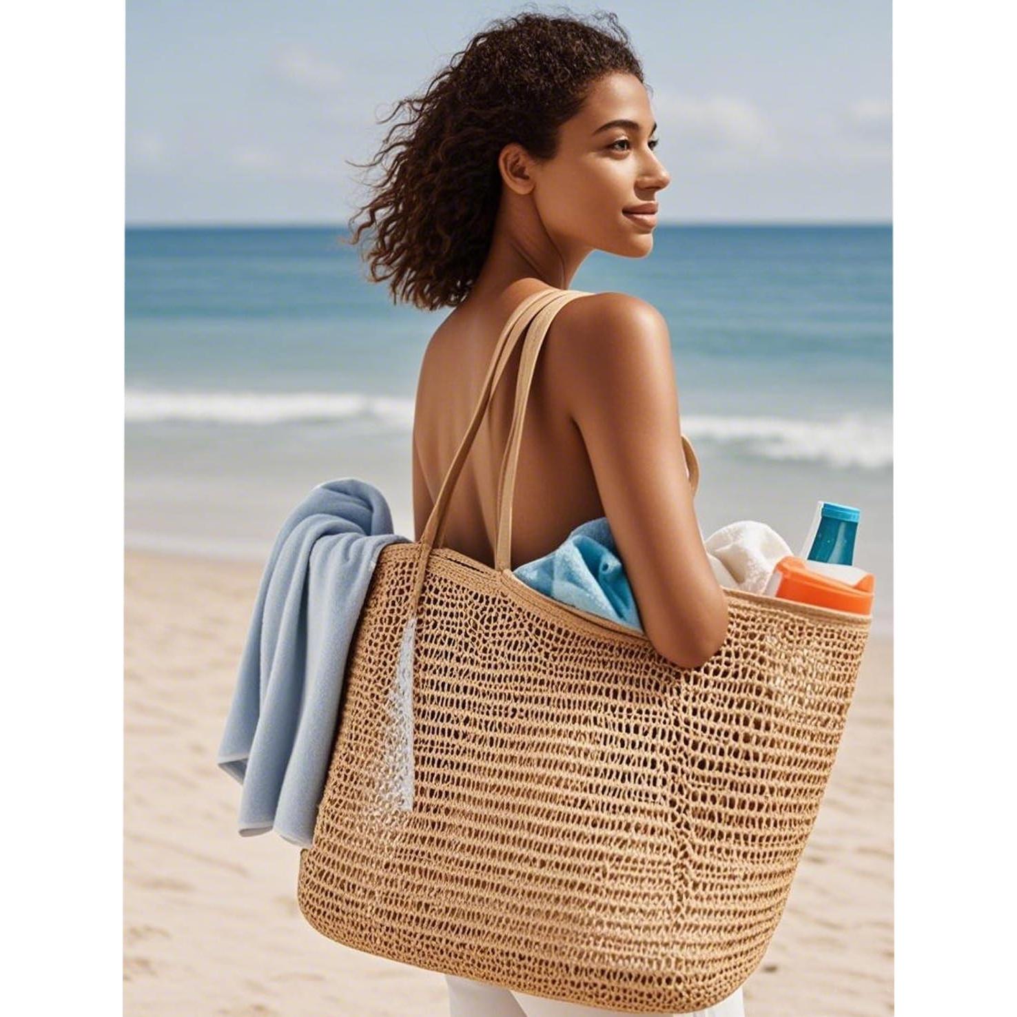 Bolsa de Playa de Malla Tejida HYHP con Bolsa Cosmética Transparente