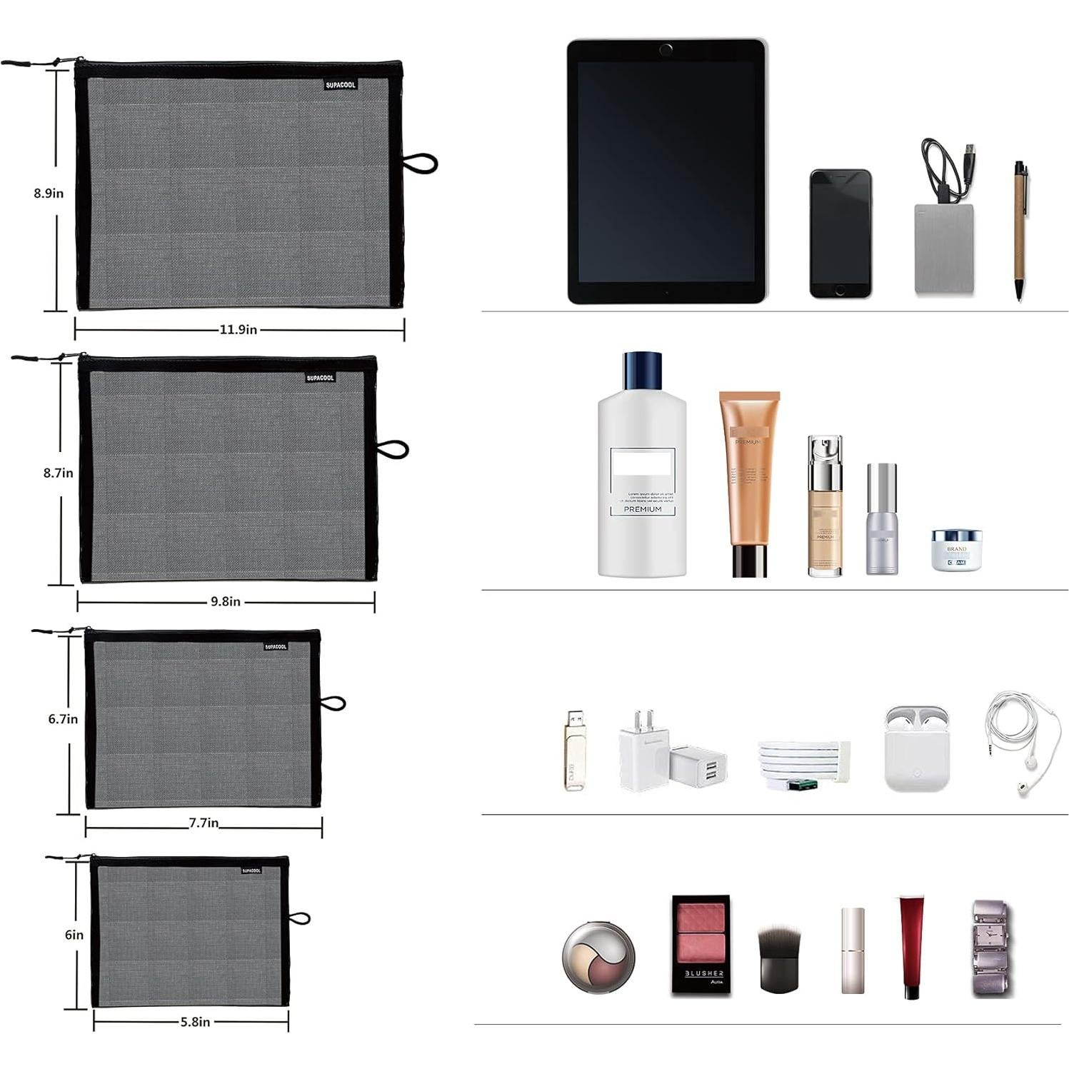 Set de 4 Bolsas de Maquillaje de Malla SUPACOOL - Negro