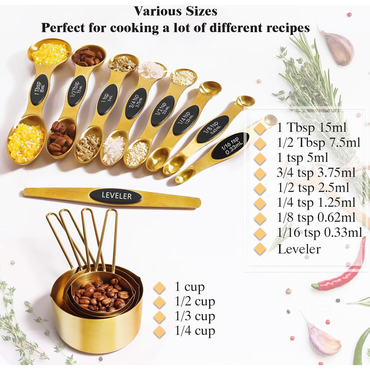 Juego de 13 Piezas de Tazas y Cucharas Medidoras Doradas de Acero Inoxidable