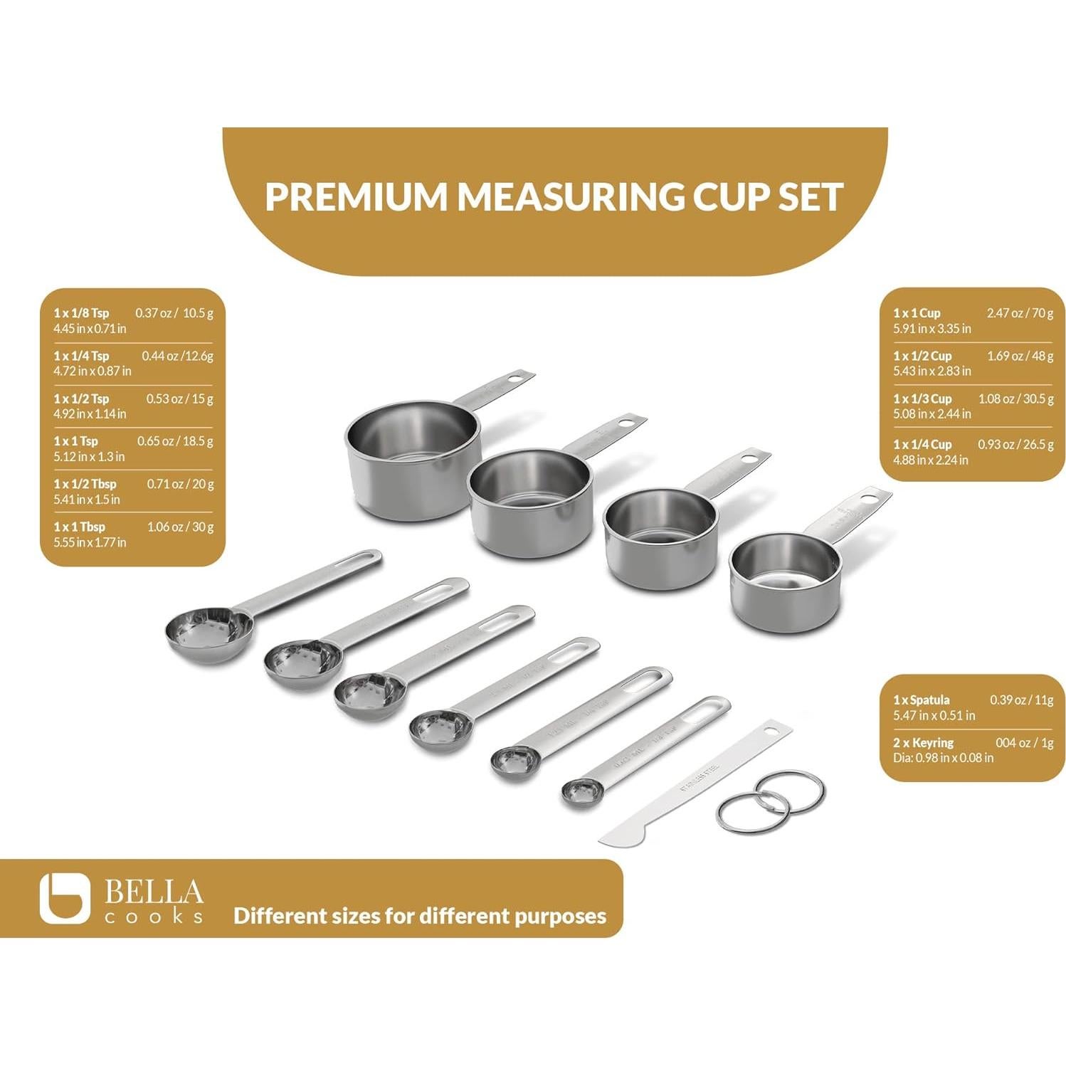 Juego de Tazas y Cucharas Medidoras Acero Inoxidable Bella Cooks 12 Piezas