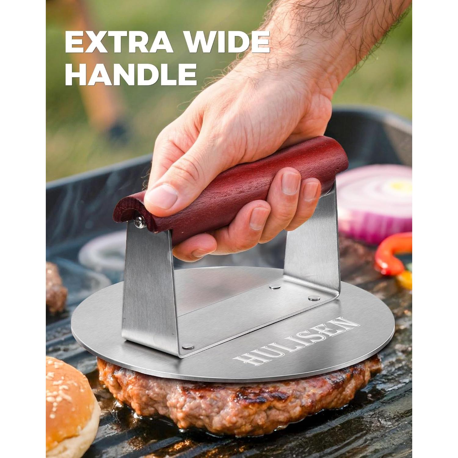 Prensa de Hamburguesas HULISEN Acero Inoxidable 15.7 cm Mango Ancho