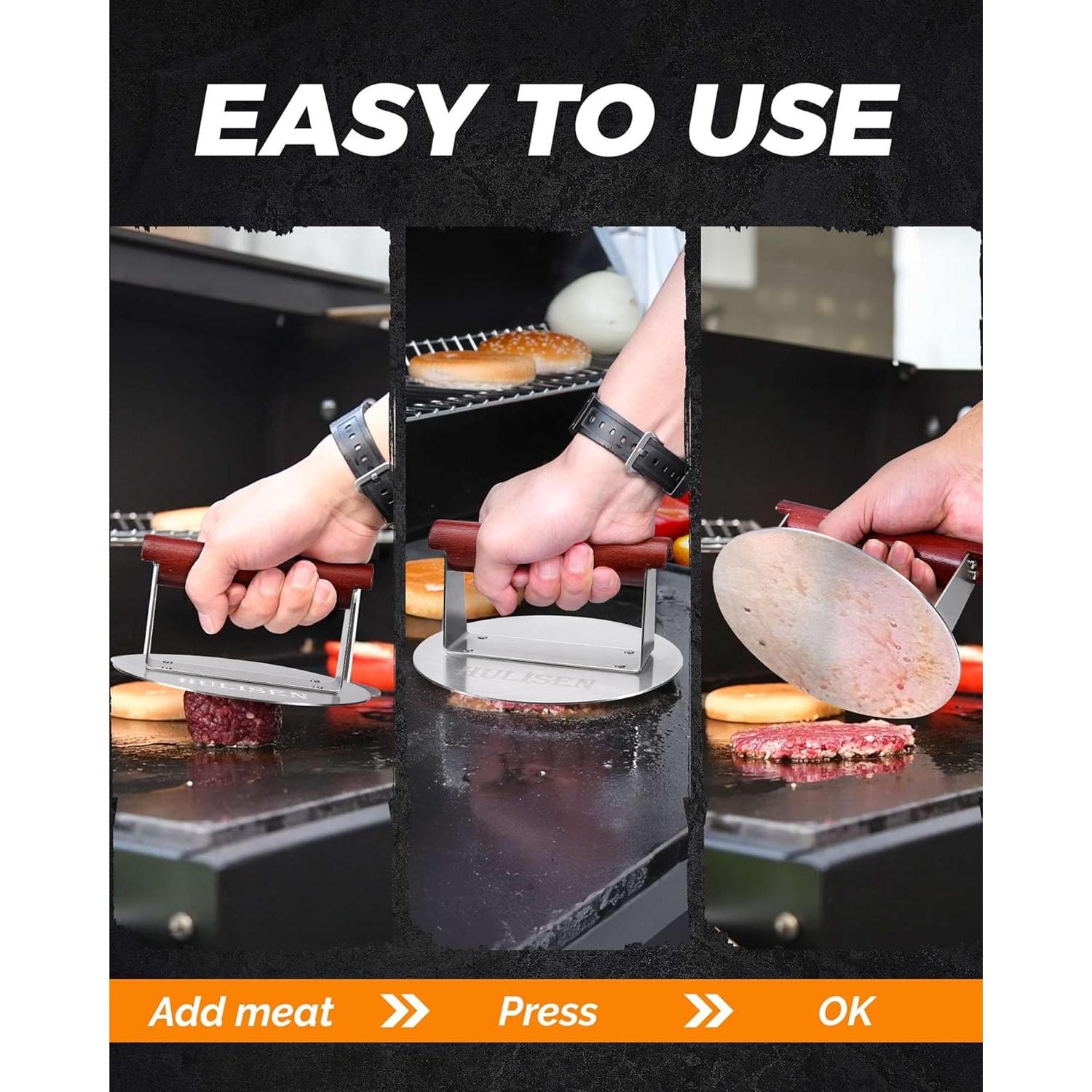 Prensa de Hamburguesas HULISEN Acero Inoxidable 15.7 cm Mango Ancho