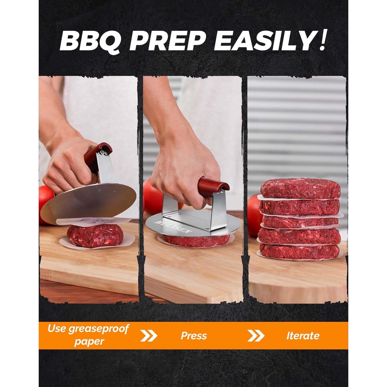 Prensa de Hamburguesas HULISEN Acero Inoxidable 15.7 cm Mango Ancho