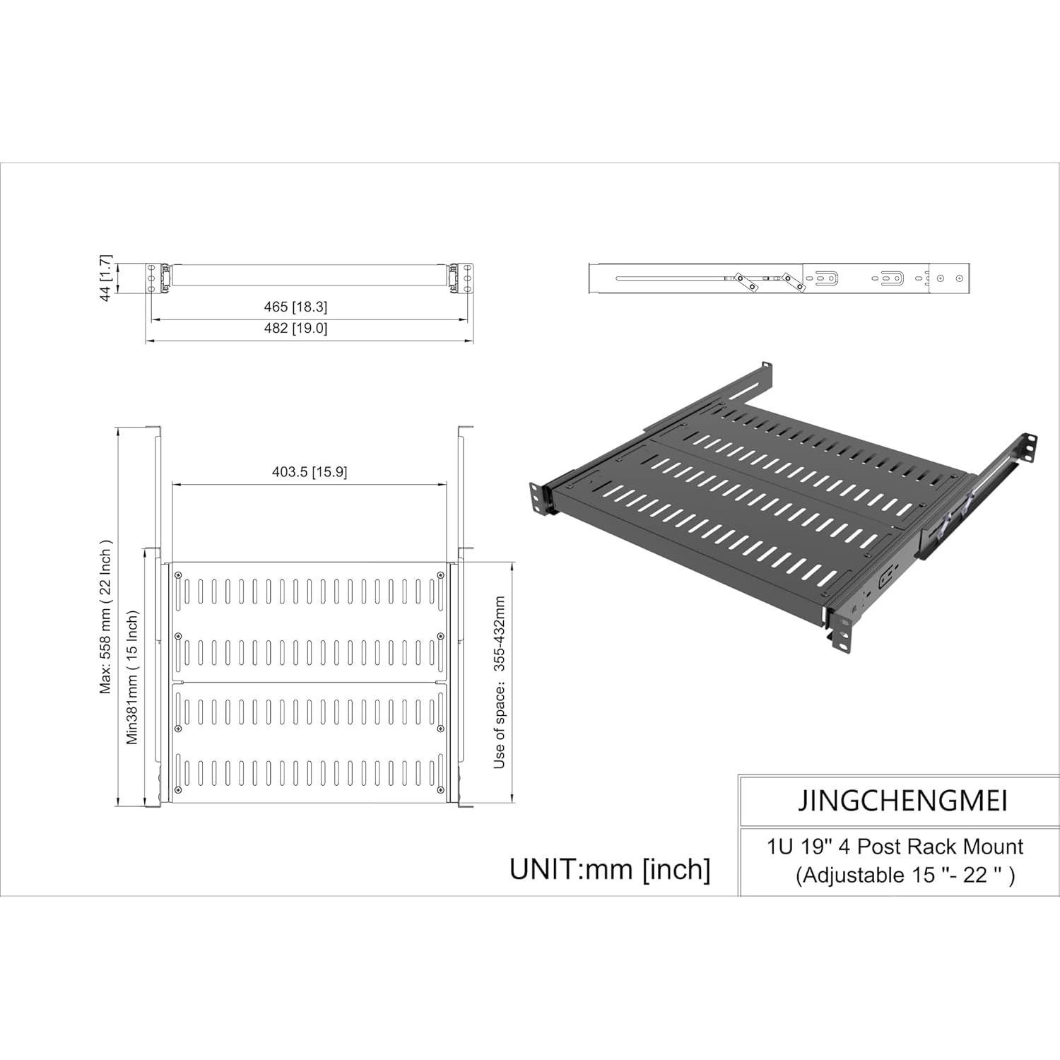 Estante Deslizante 1U Jingcheng para Rack 19" Ajustable 15-22"