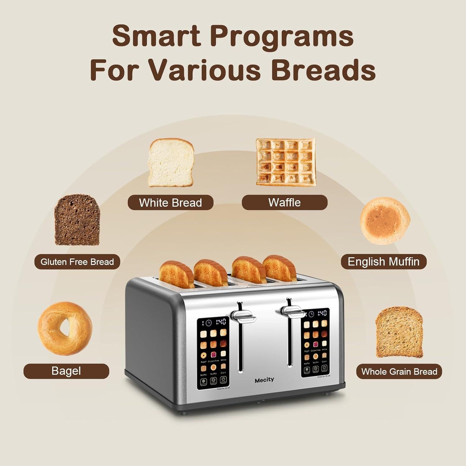 Tostadora Mecity T-88A de 4 Rebanadas Acero Inoxidable