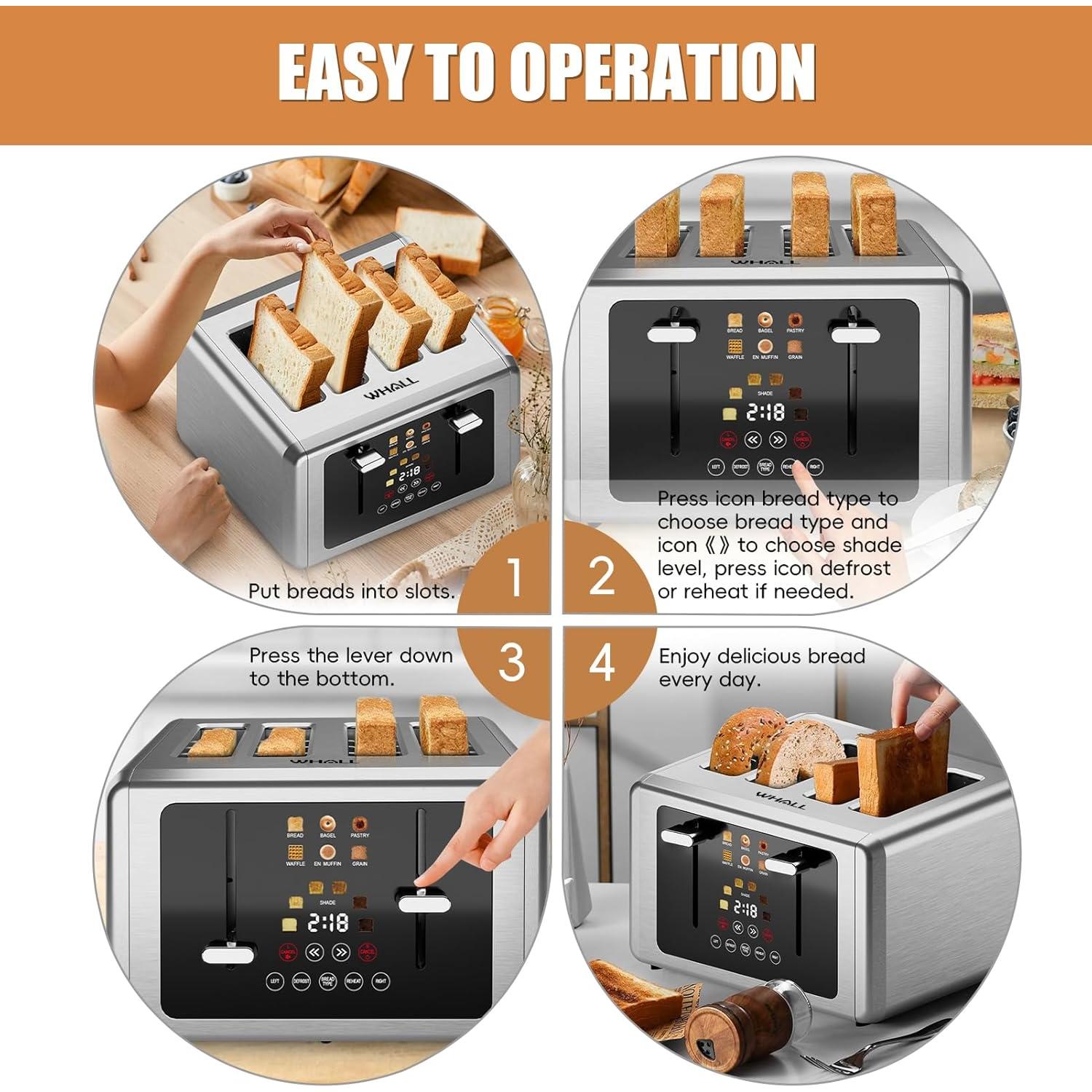 Tostadora 4 Rebanadas Whall Acero Inoxidable Pantalla Táctil