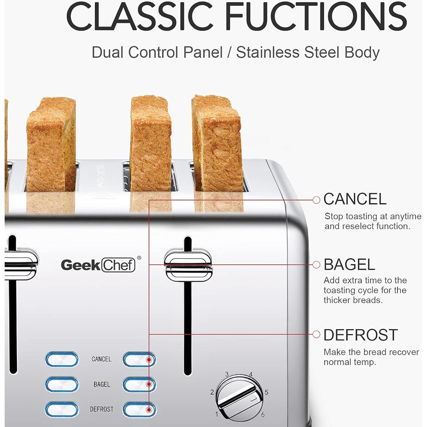 Tostadora de 4 Rebanadas Geek Chef Acero Inoxidable con 6 Niveles