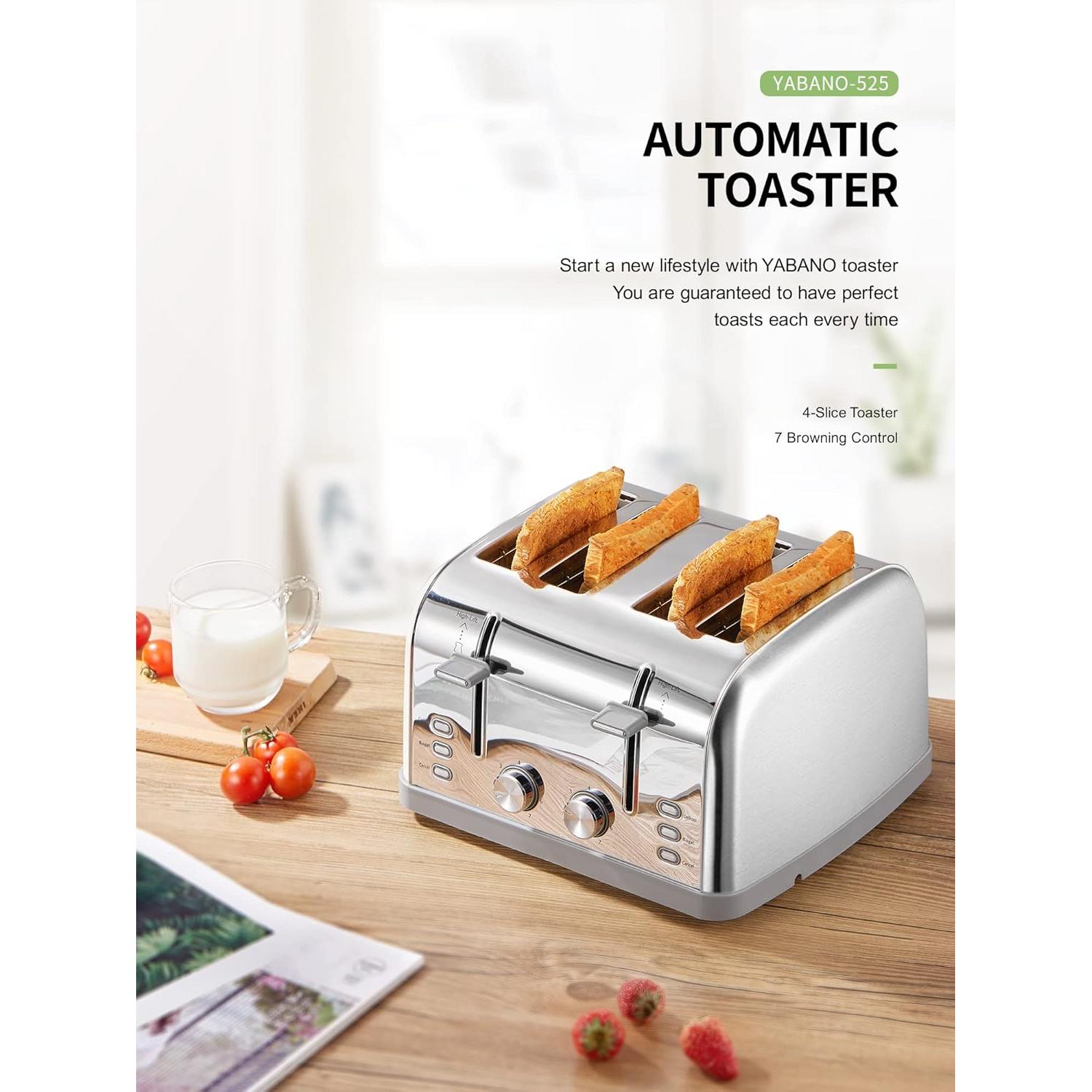 Tostadora Yabano 4 Rebanadas Acero Inoxidable 1800W Extra Anchas