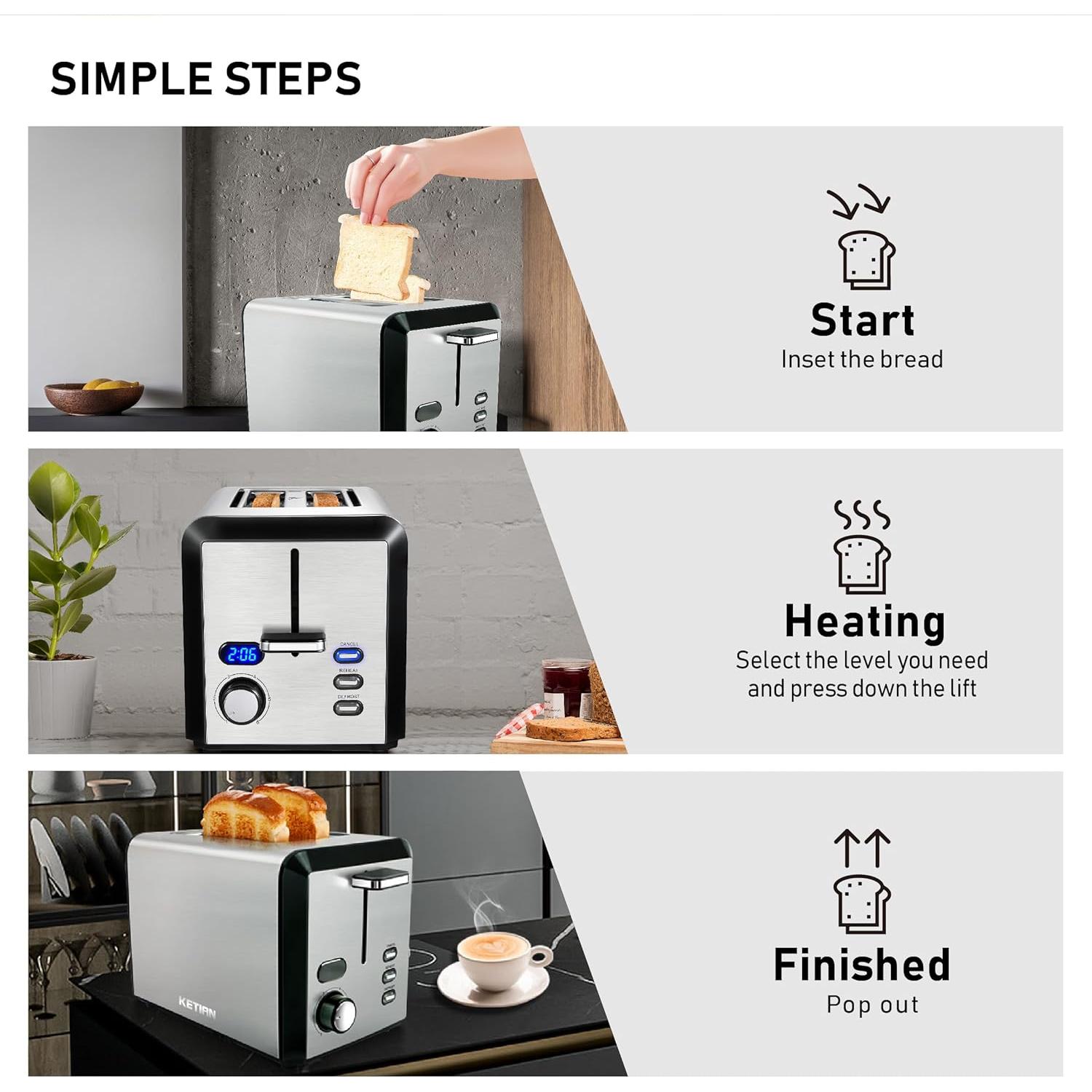 Tostadora de 2 Rebanadas KETIAN Acero Inoxidable Plata 800W