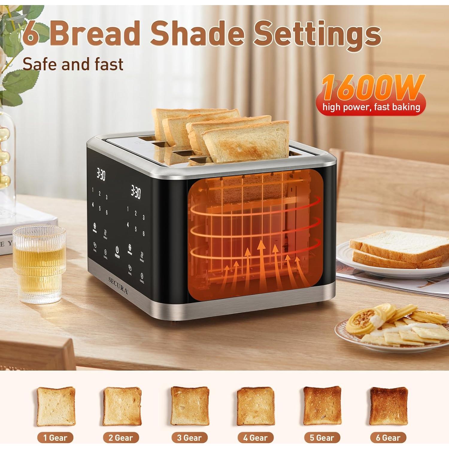 Tostadora Secura de 4 Rebanadas con Pantalla Táctil y Control Dual