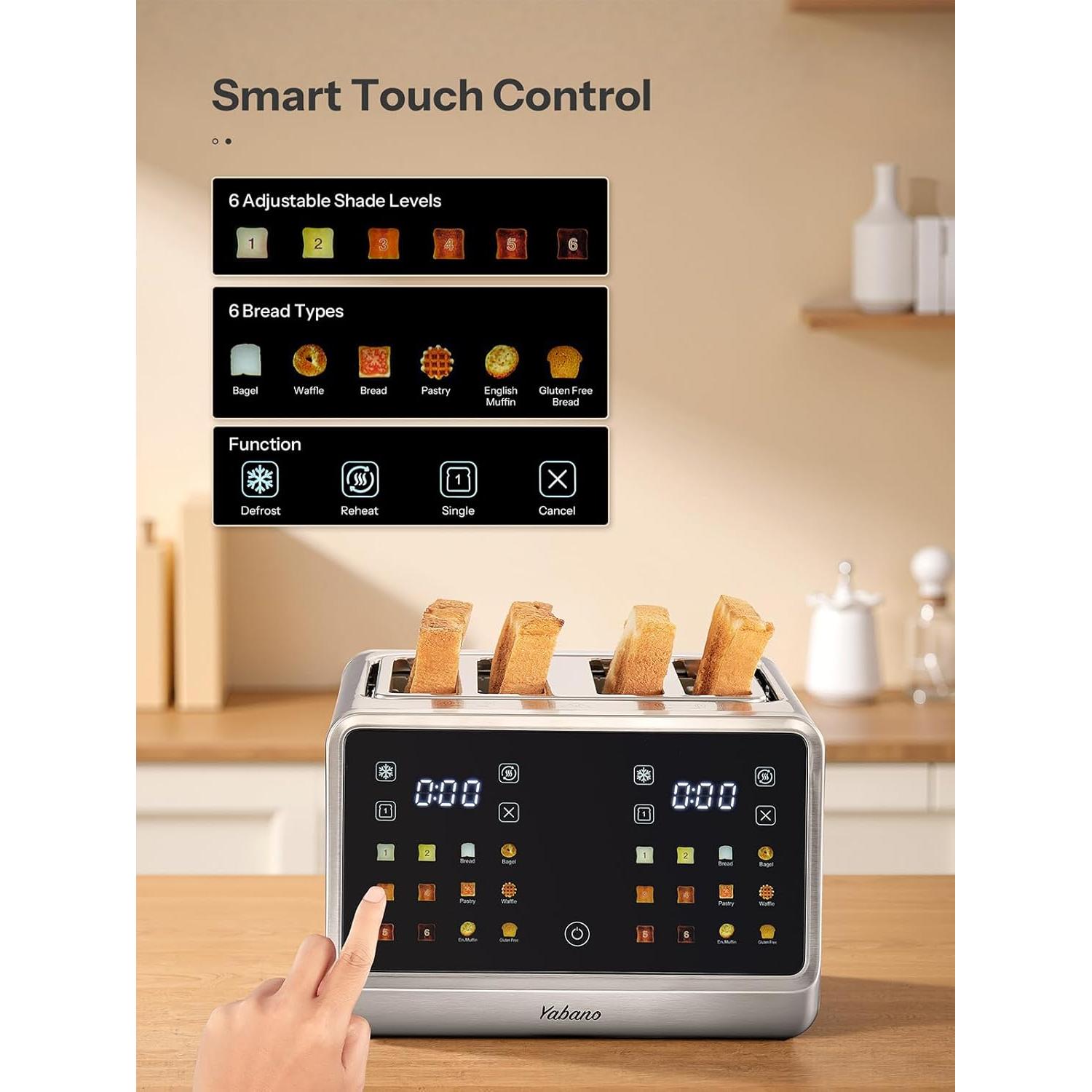 Tostadora Yabano 4 Rebanadas Control Táctil 1800W Plata