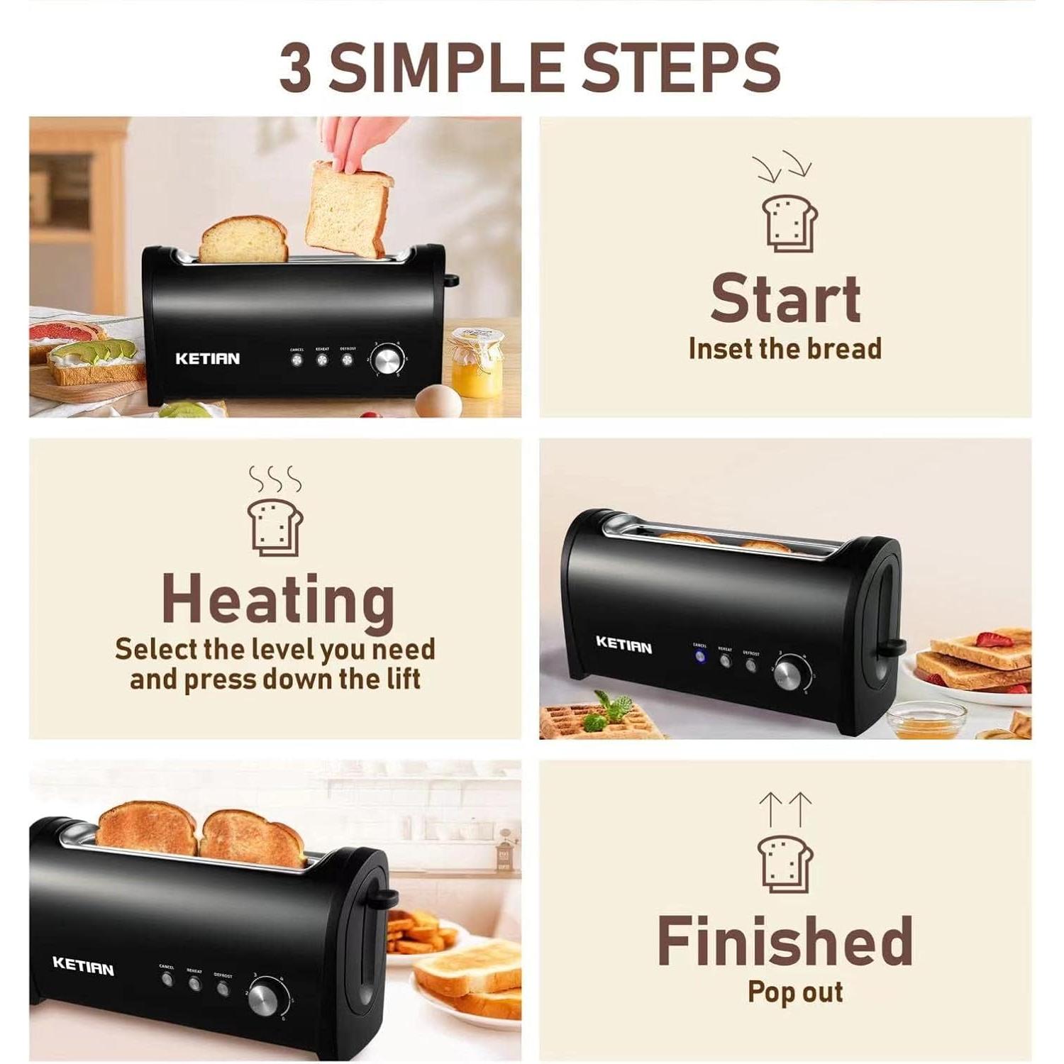 Tostadora KETIAN 2 Rebanadas Acero Inoxidable Negra 6 Niveles
