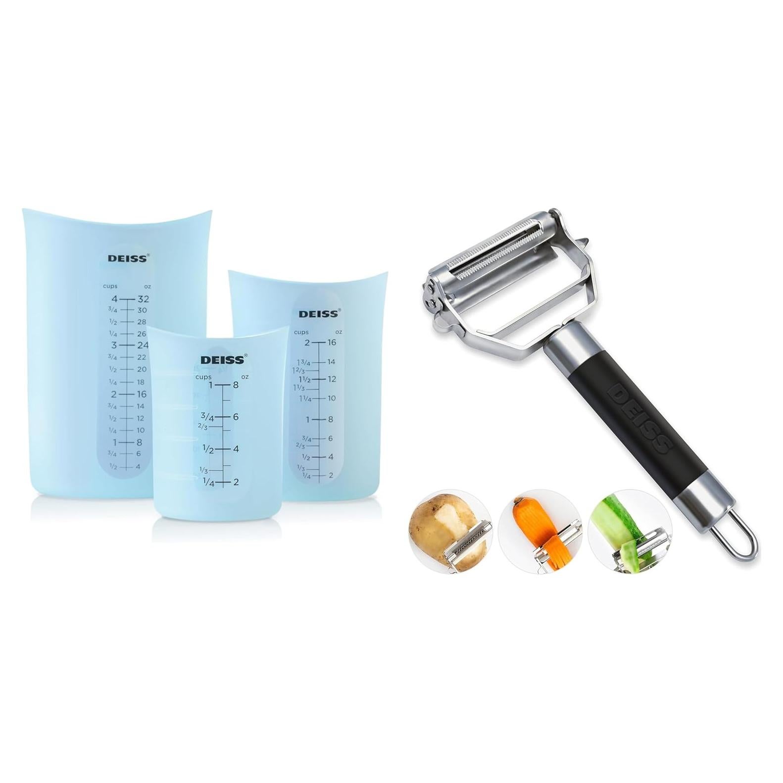 Conjunto de Tazas Medidoras de Silicona Deiss PRO 3 Pzas + Pelador