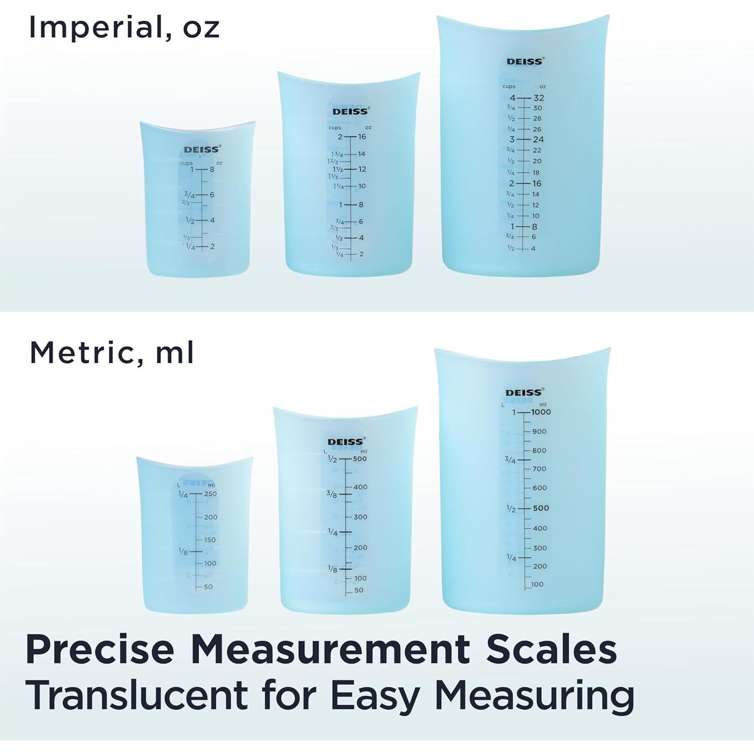 Conjunto de Tazas Medidoras de Silicona Deiss PRO 3 Pzas + Pelador