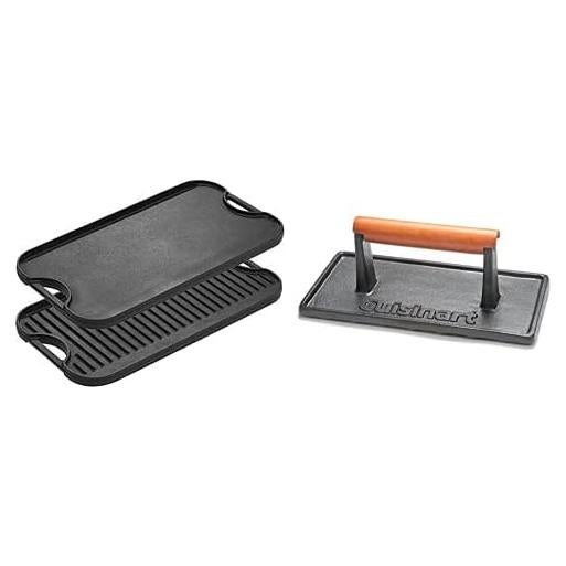 Parrilla Plancha Reversible Lodge 20x10.5 Hierro Fundido + Prensa Cuisinart