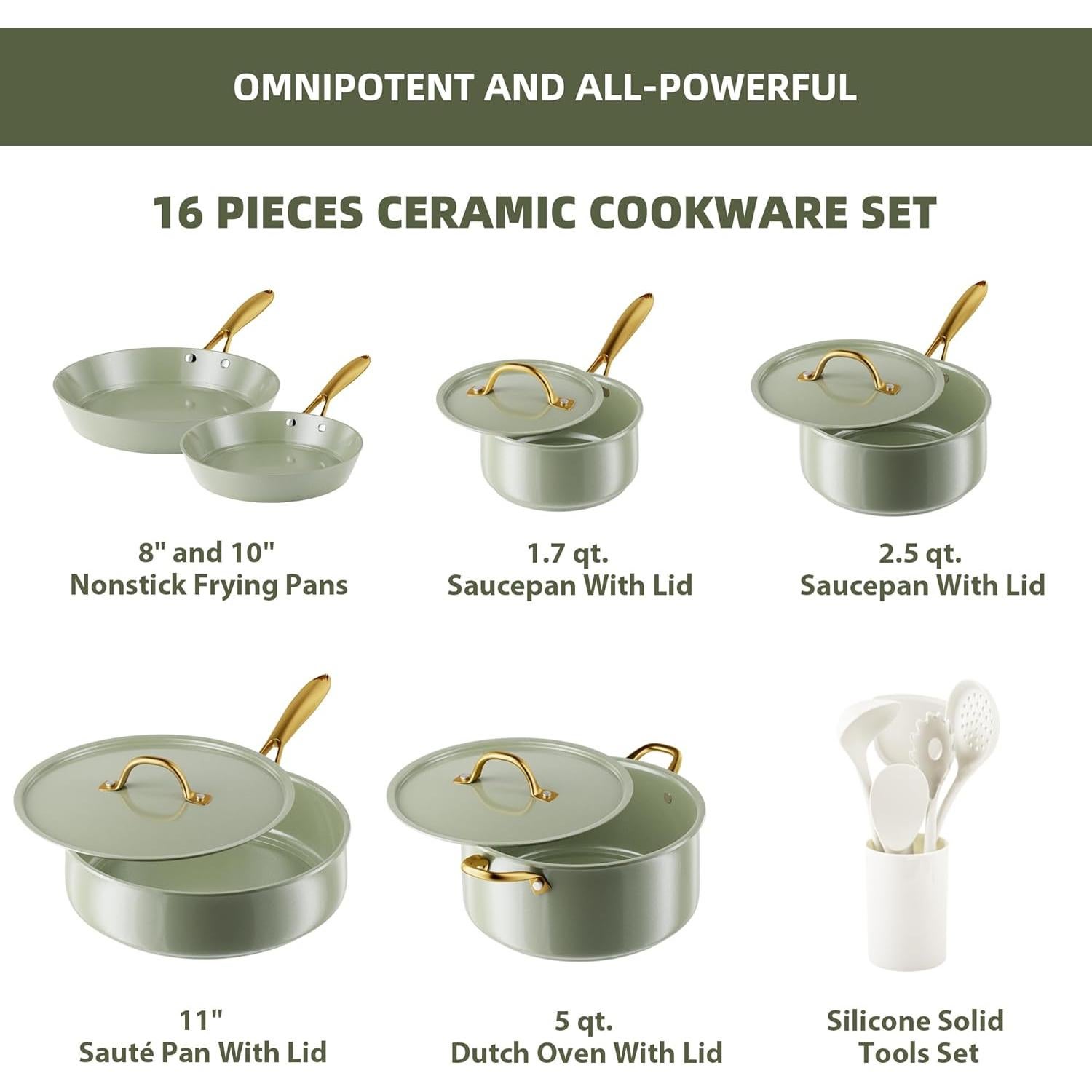 Juego de Utensilios de Cocina Cerámica VONIKI 16 Piezas Verde